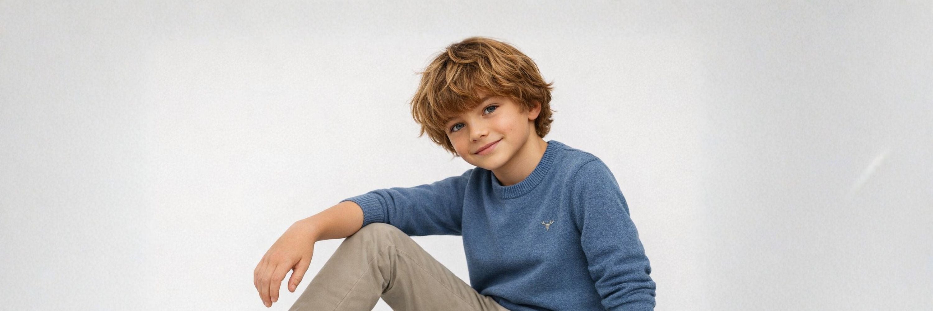 Boy in a soft blue sweater poses casually against a neutral background, creating a clean and timeless look.