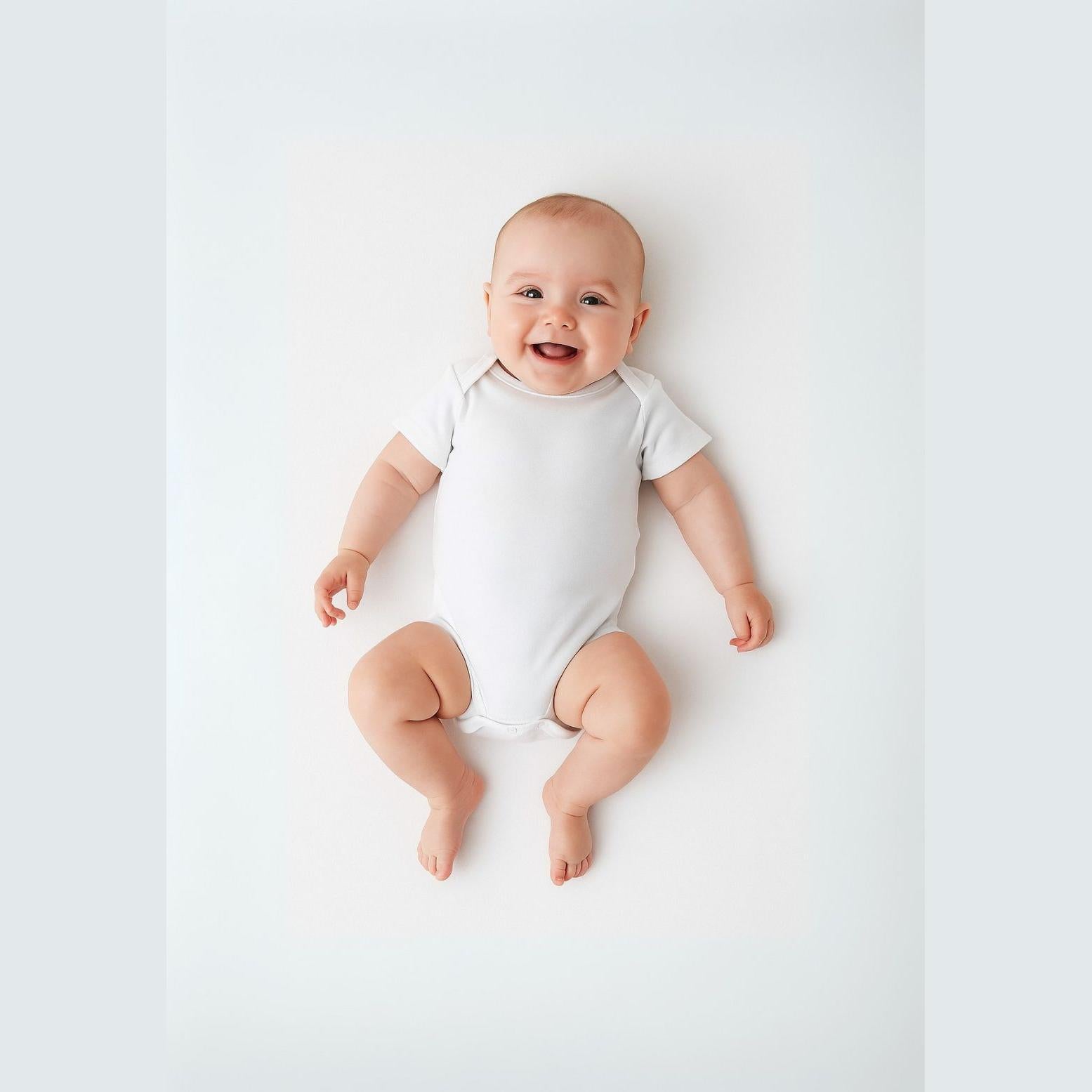 Happy baby wearing white short sleeve cotton bodysuit lying on white background, smiling and looking at camera