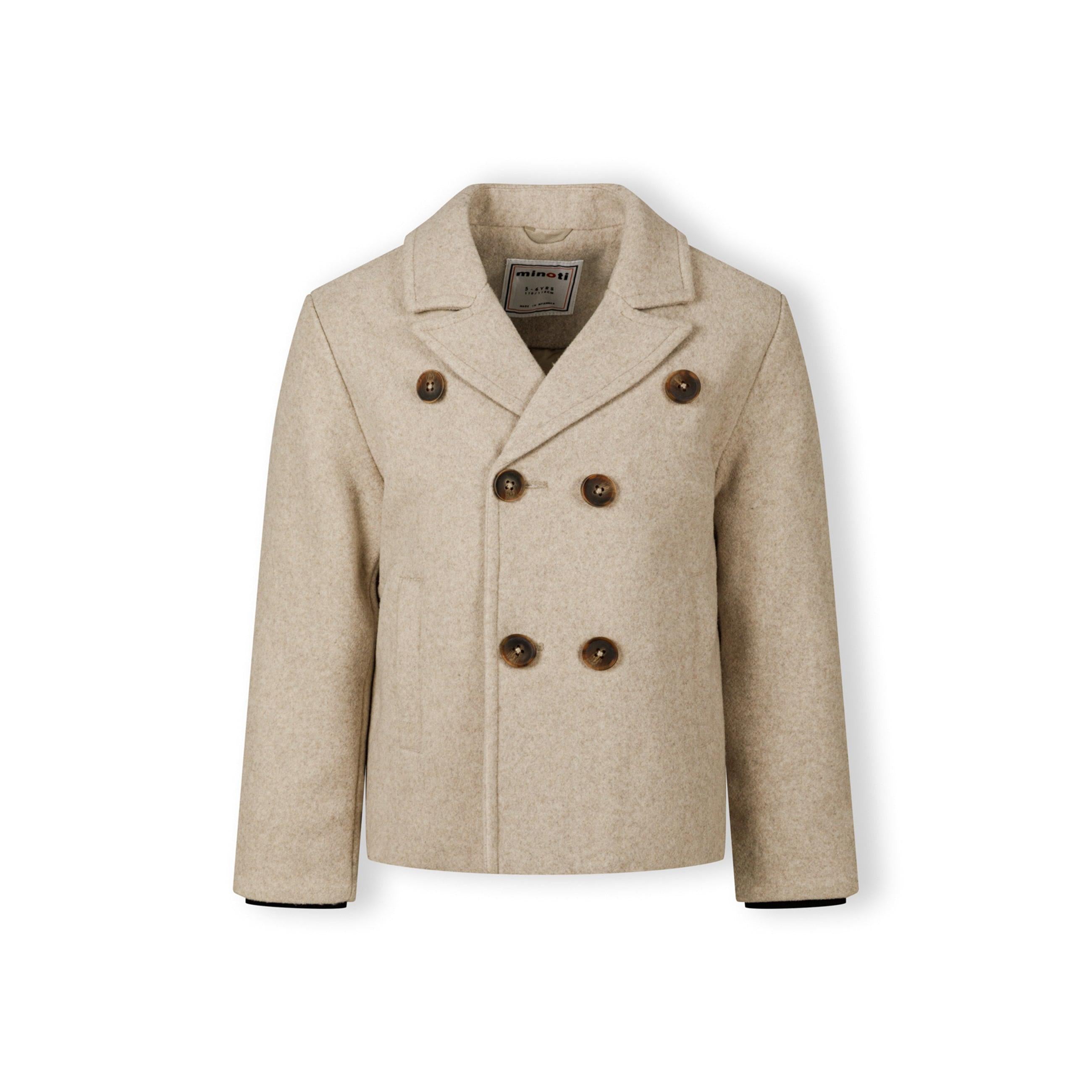 Front view of beige double-breasted coat with notched collar and dark brown buttons on white background