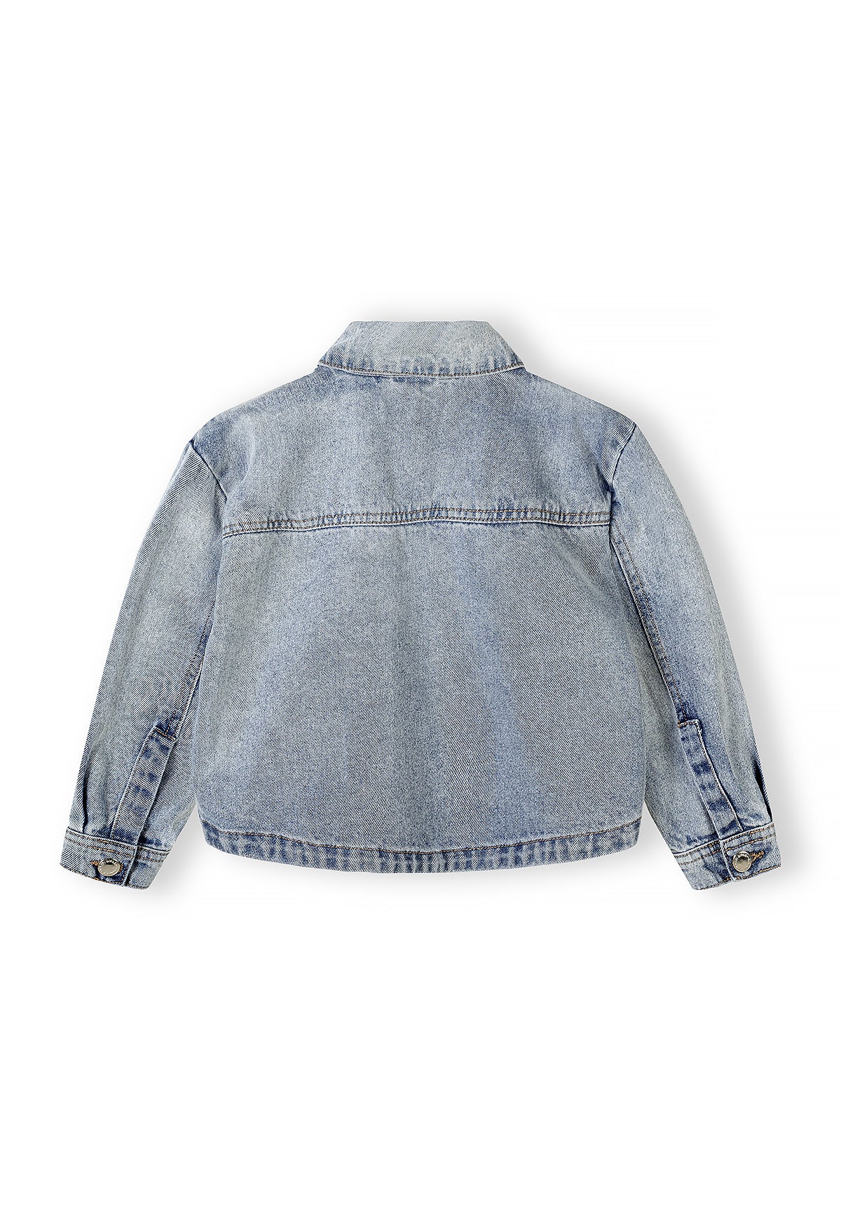 Back view of light blue denim jacket laid flat showing classic collar, button closure and overall construction details on white background