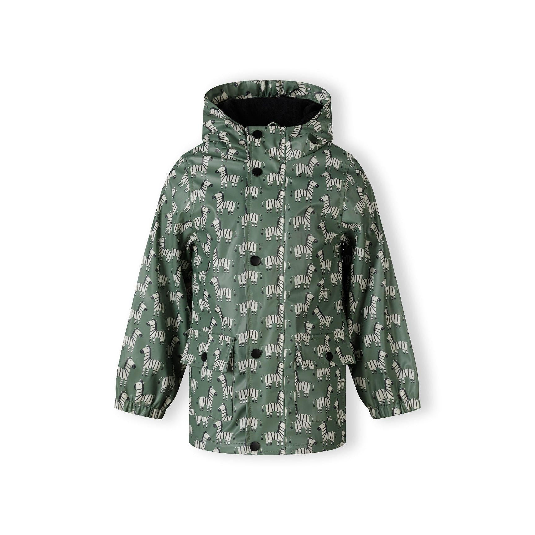 Khaki rain jacket with zebra print pattern laid flat showing front view with zip closure and hood with black interior lining