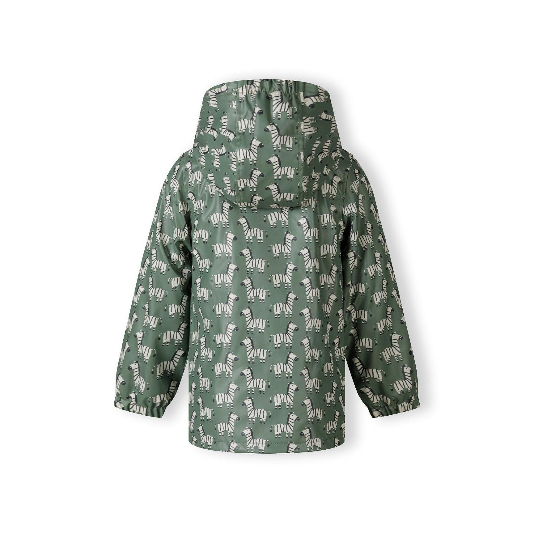 Khaki zebra print rain jacket shown unzipped revealing black interior lining and Minoti label at neckline against white background