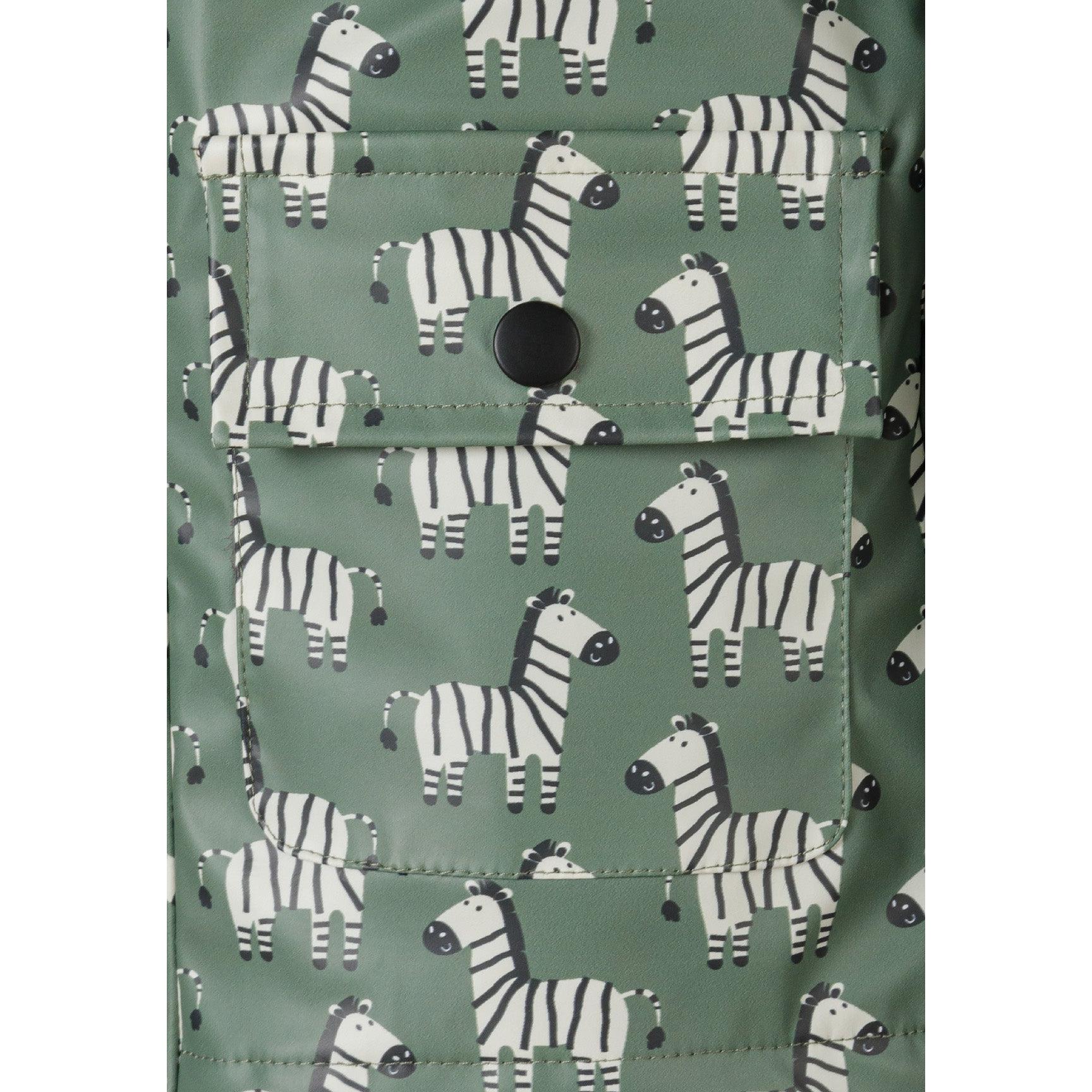 Khaki zebra print rain jacket shown unzipped revealing black interior lining and Minoti label at neckline against white background