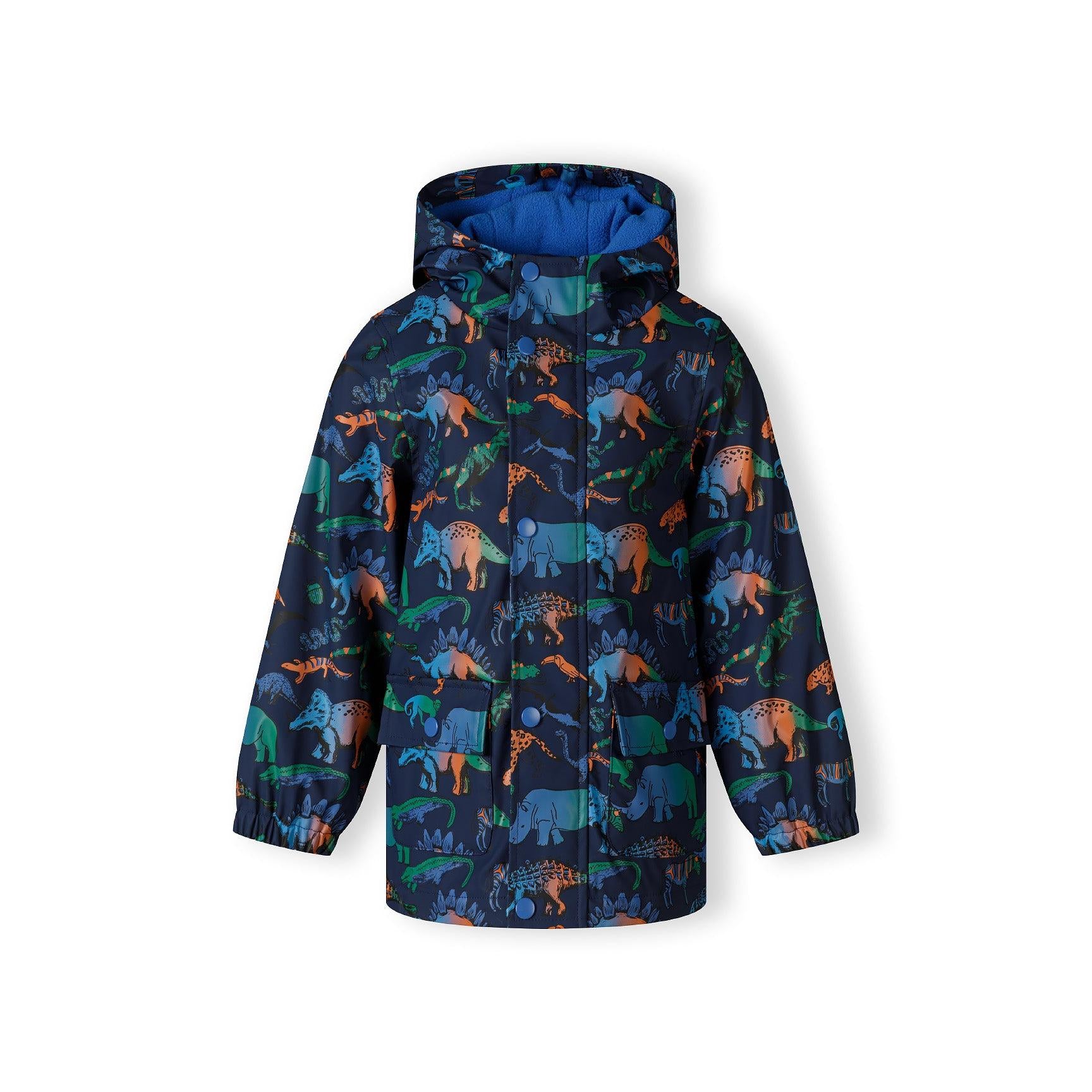 Back view of navy rain jacket showing all-over dinosaur pattern with various colourful prehistoric creatures on dark blue background