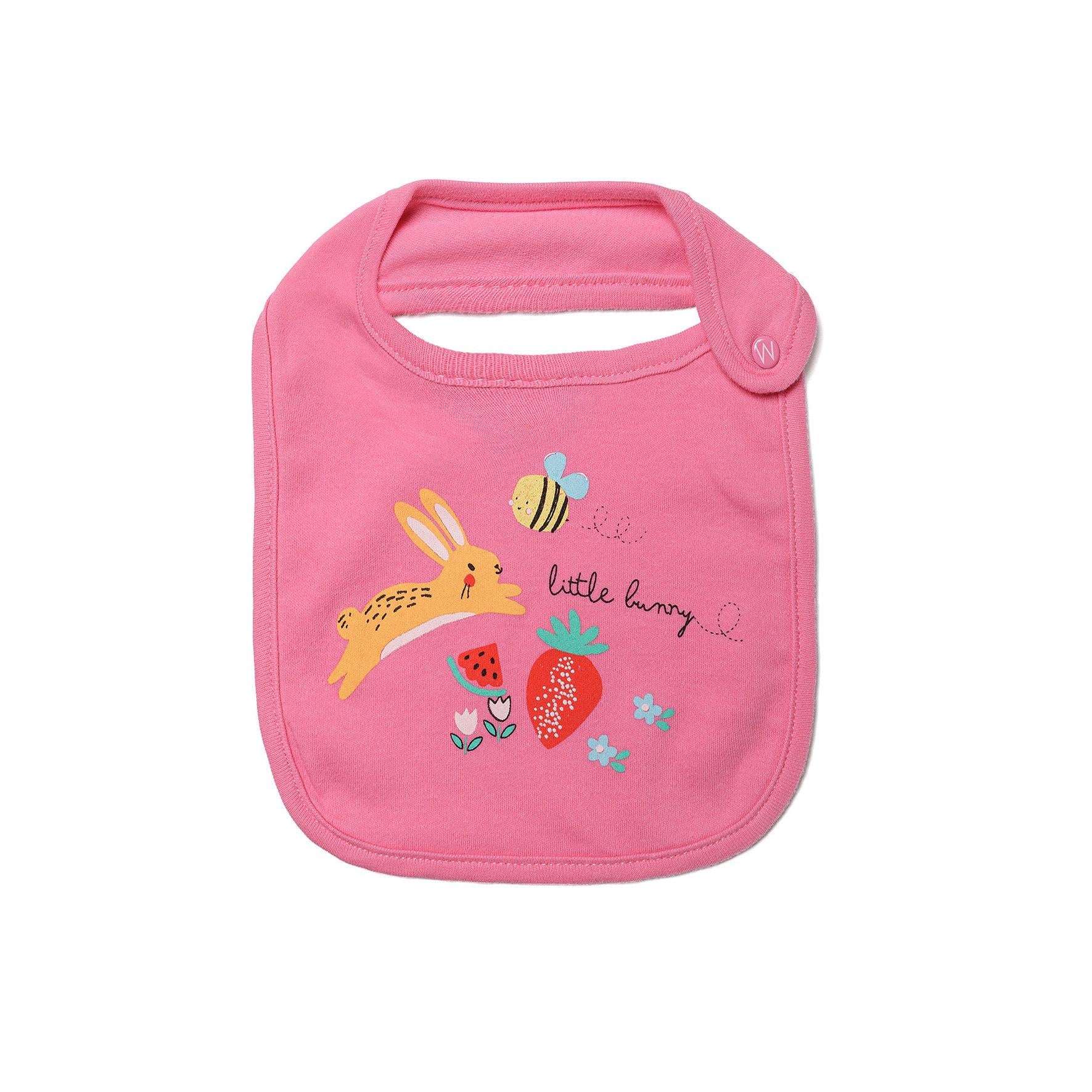 Close-up of pink baby bib with embroidered bunny, bee and fruit design, showing popper fastening detail at neck