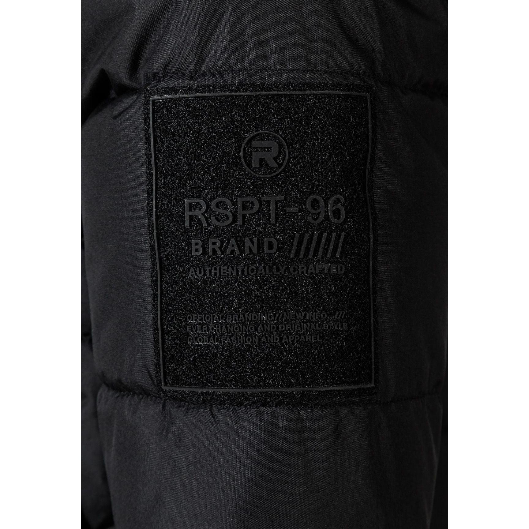 Close-up detail of black fabric patch with RSPF 96 brand authentic worldwear logo embossed on padded jacket material
