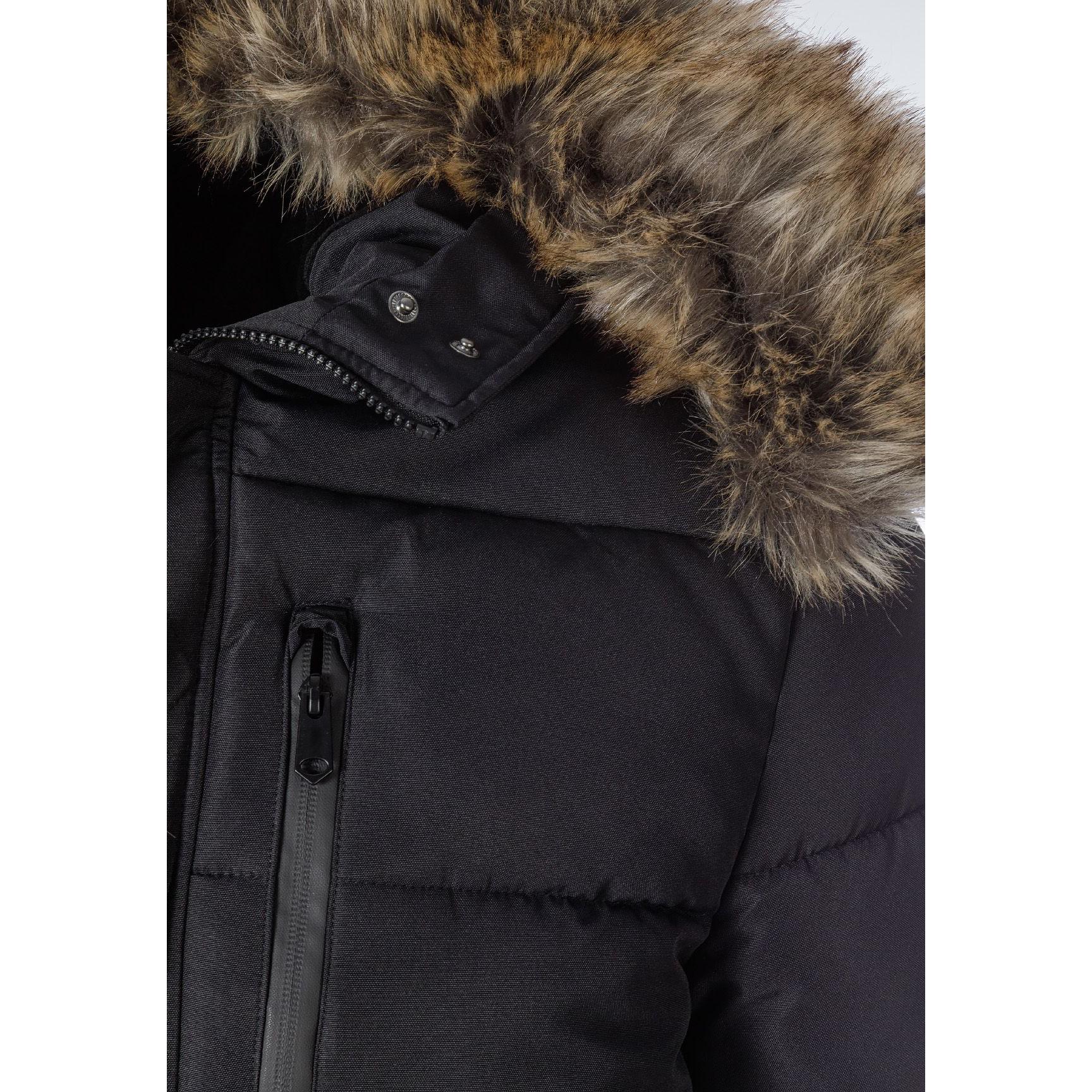Close-up detail of black jacket showing brown faux fur hood trim, zip closure and quilted padded fabric texture