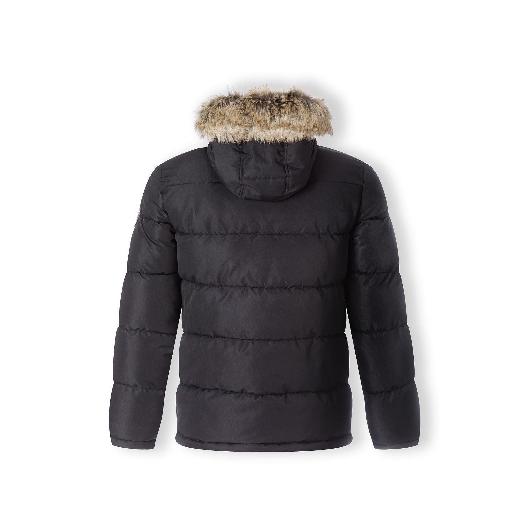 Close-up detail of black jacket showing brown faux fur hood trim, zip closure and quilted padded fabric texture