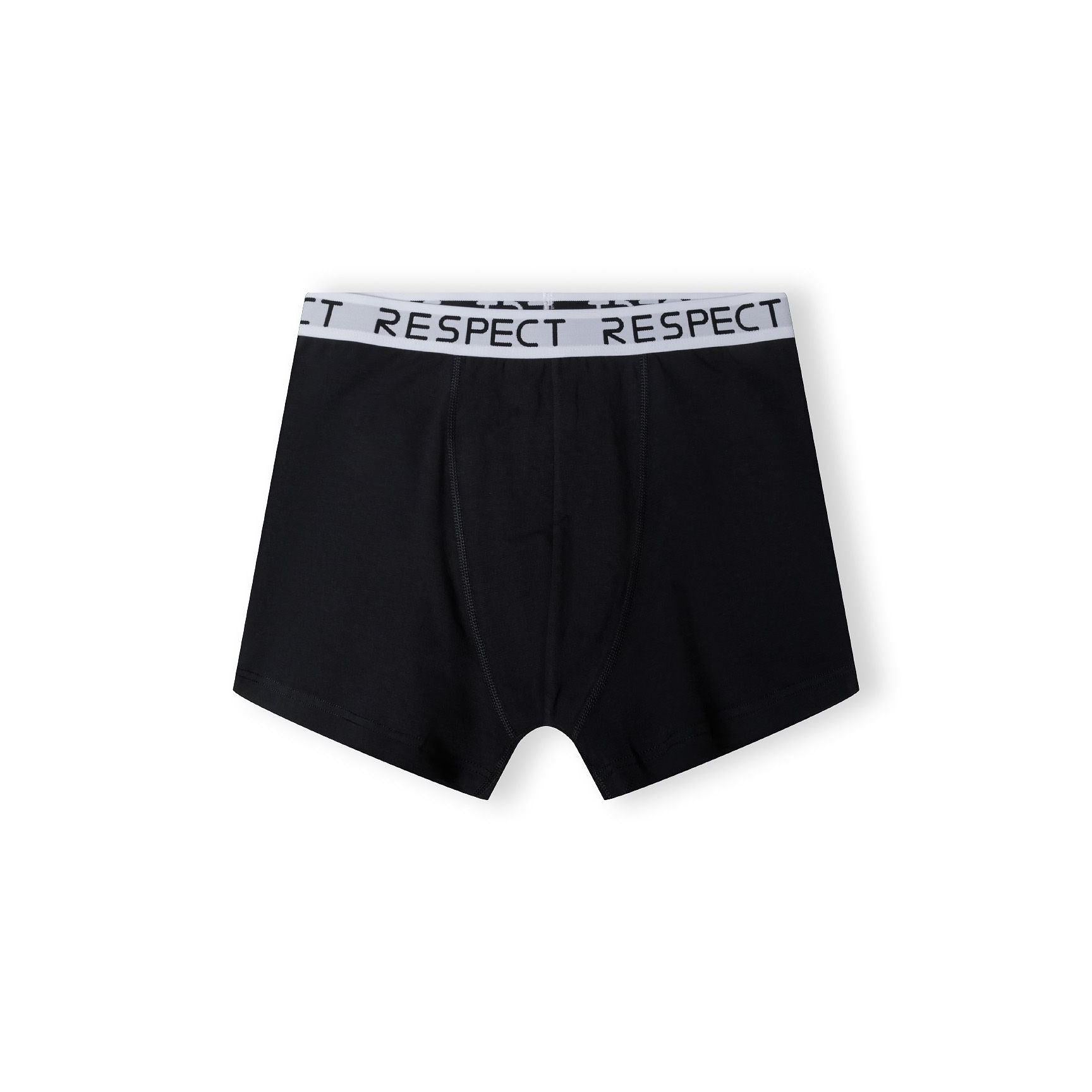 Single black boxer with white RESPECT waistband shown flat against white background