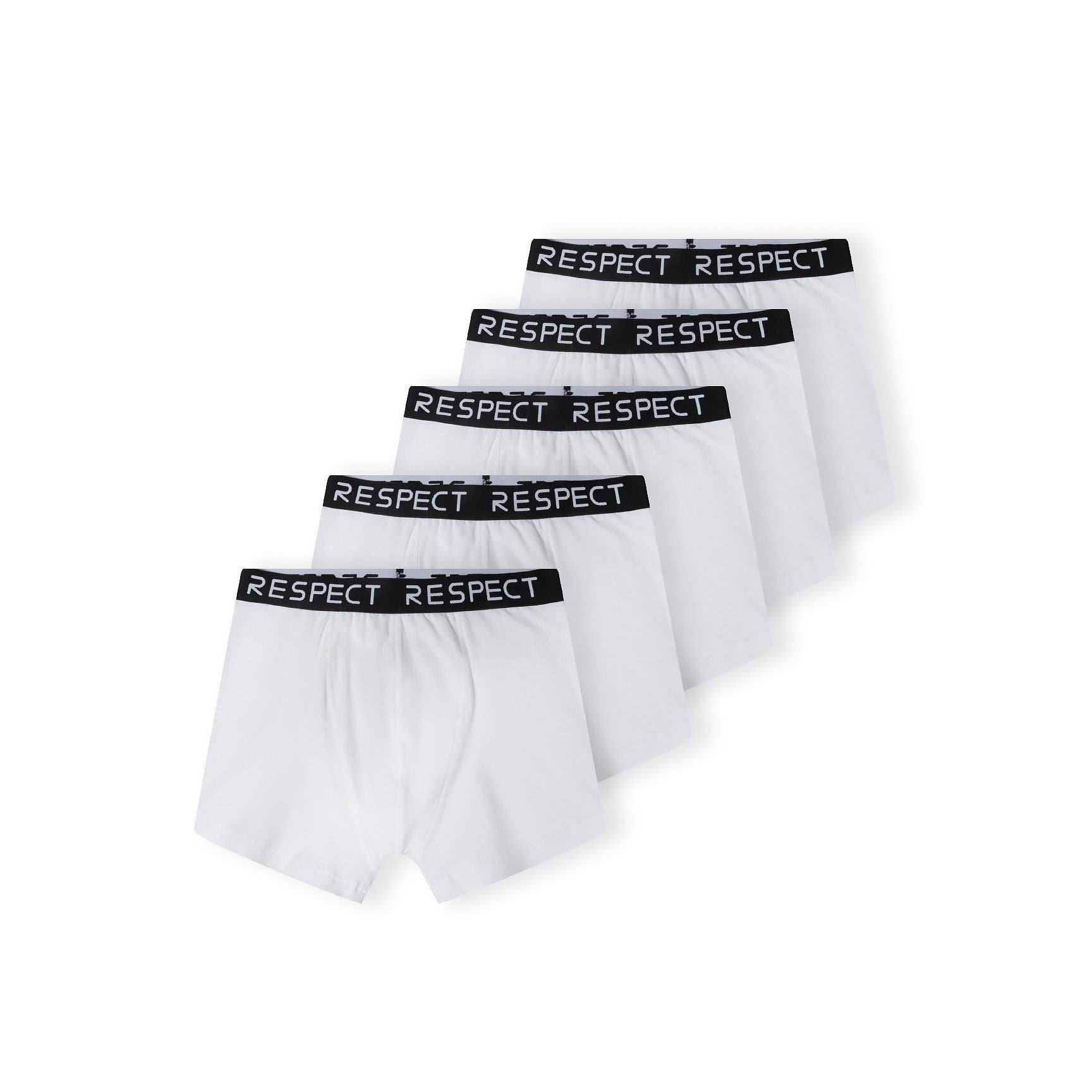 Five white boxers with black RESPECT branded waistbands arranged in a fan layout against white background showing the complete 5-pack set