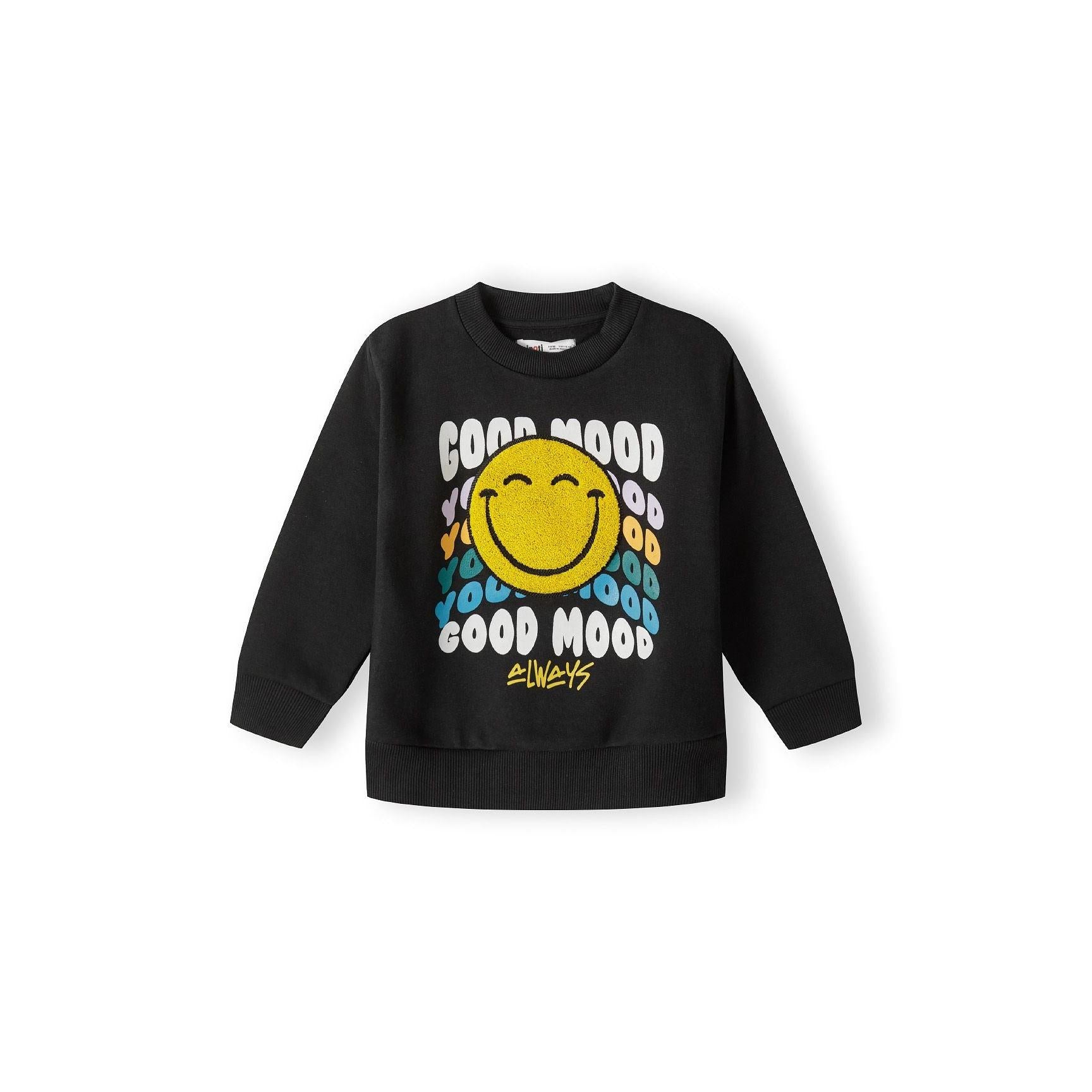 Black crew neck sweatshirt with rainbow Good Mood smiley face graphic on white background, front view