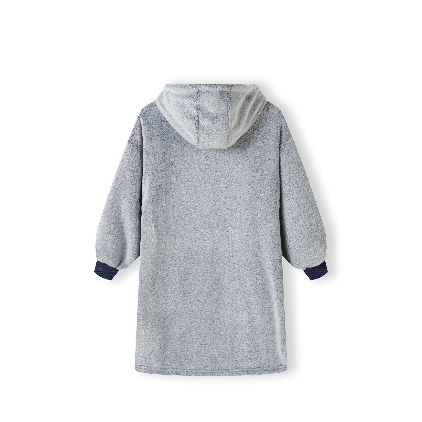 Back view of grey fleece hoodie laid flat showing oversized silhouette, hood detail and contrasting navy cuffs on white background