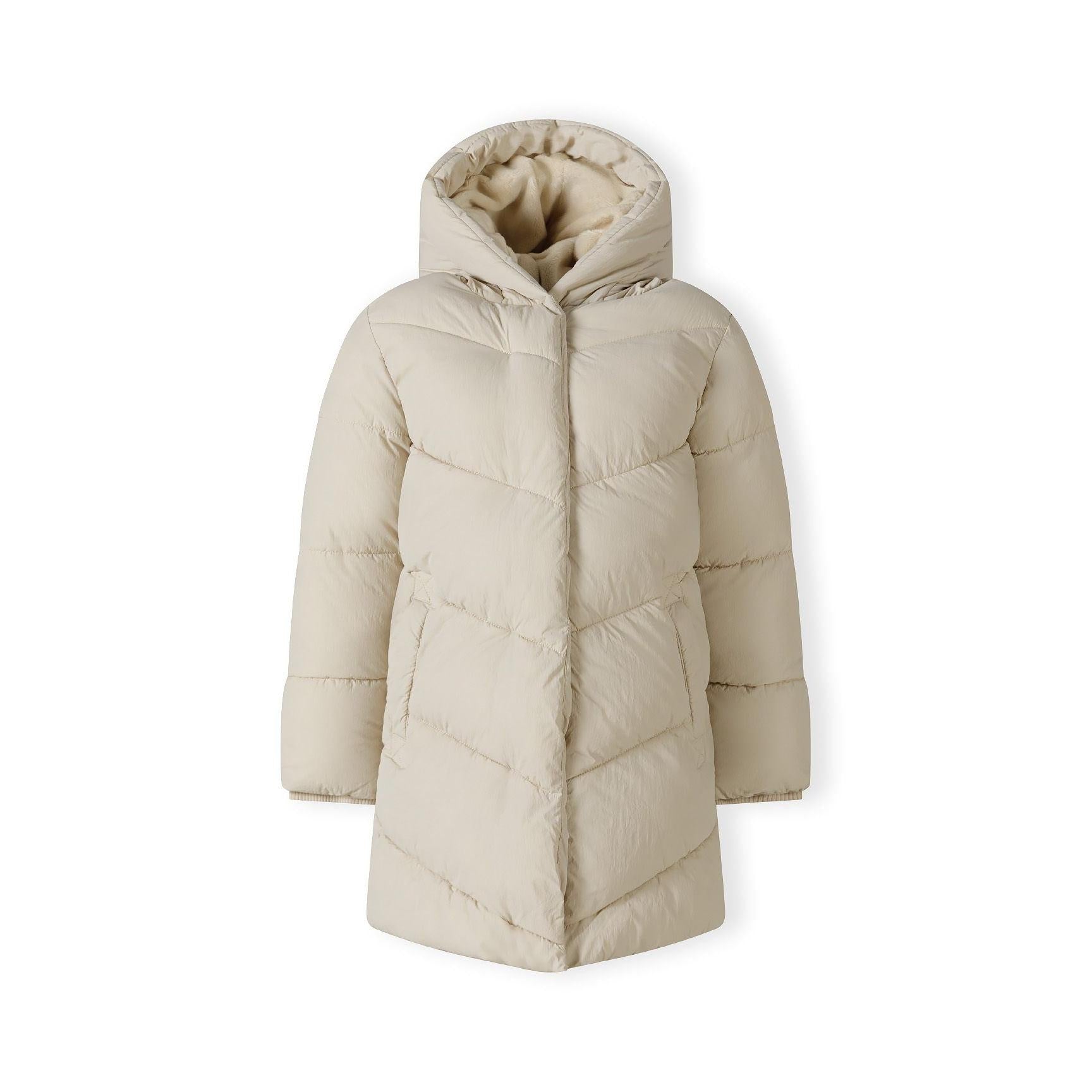 Beige long quilted puffer jacket laid flat showing diagonal quilted pattern, hood design and full-length silhouette on white background