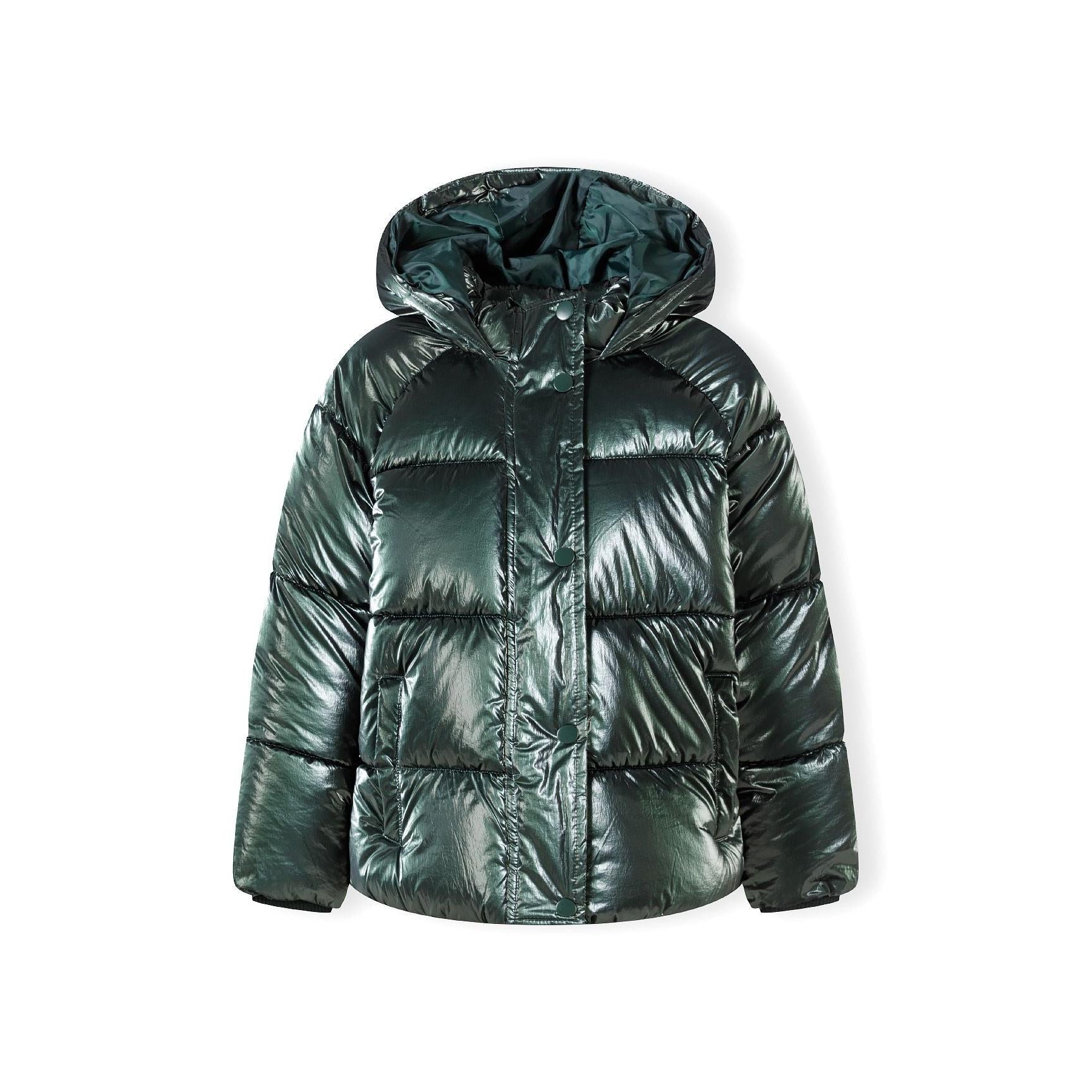 Green metallic padded jacket laid flat showing quilted pattern, hood, and Minoti label detail