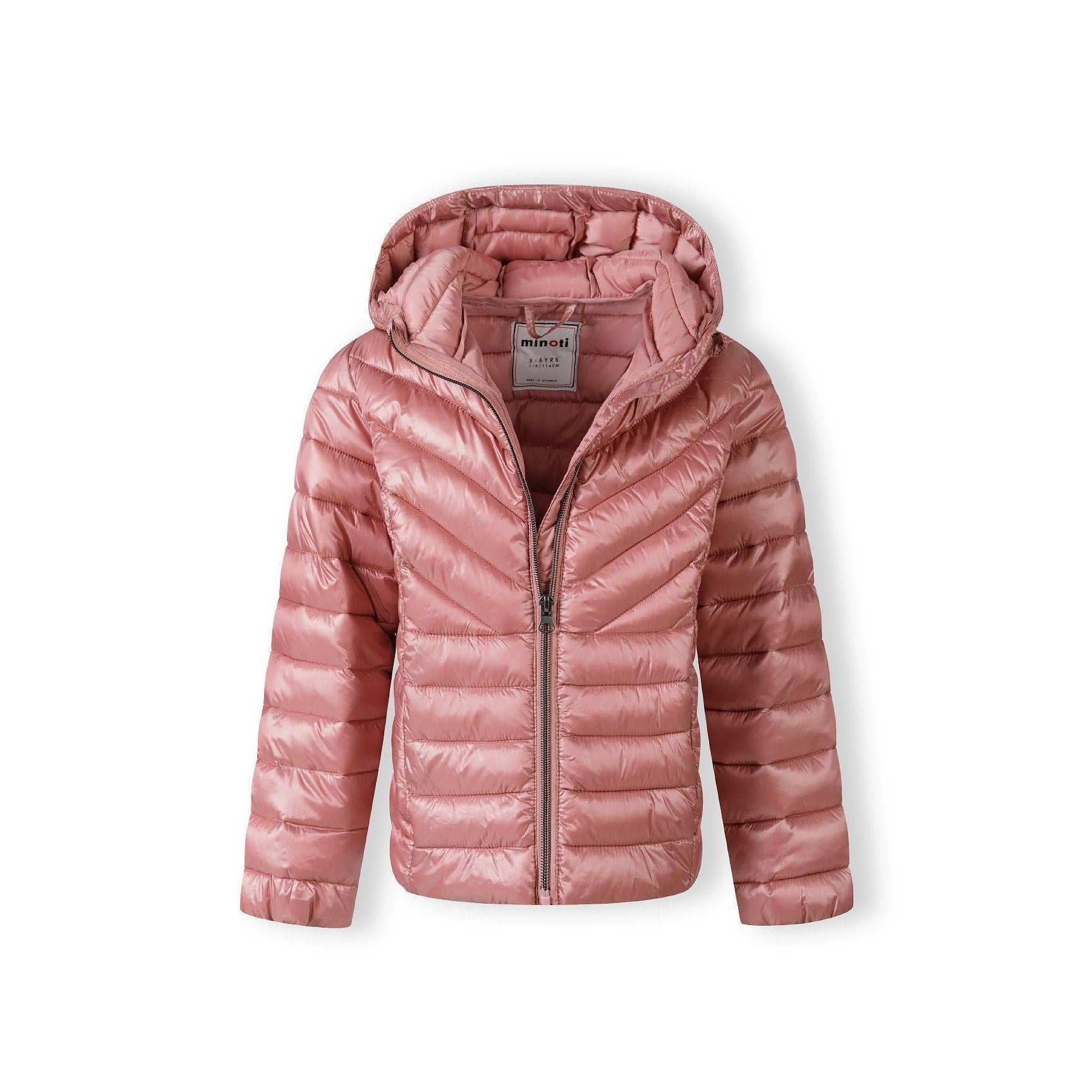 Copper quilted jacket with hood laid flat showing full front view with zip closure and Minoti brand label visible