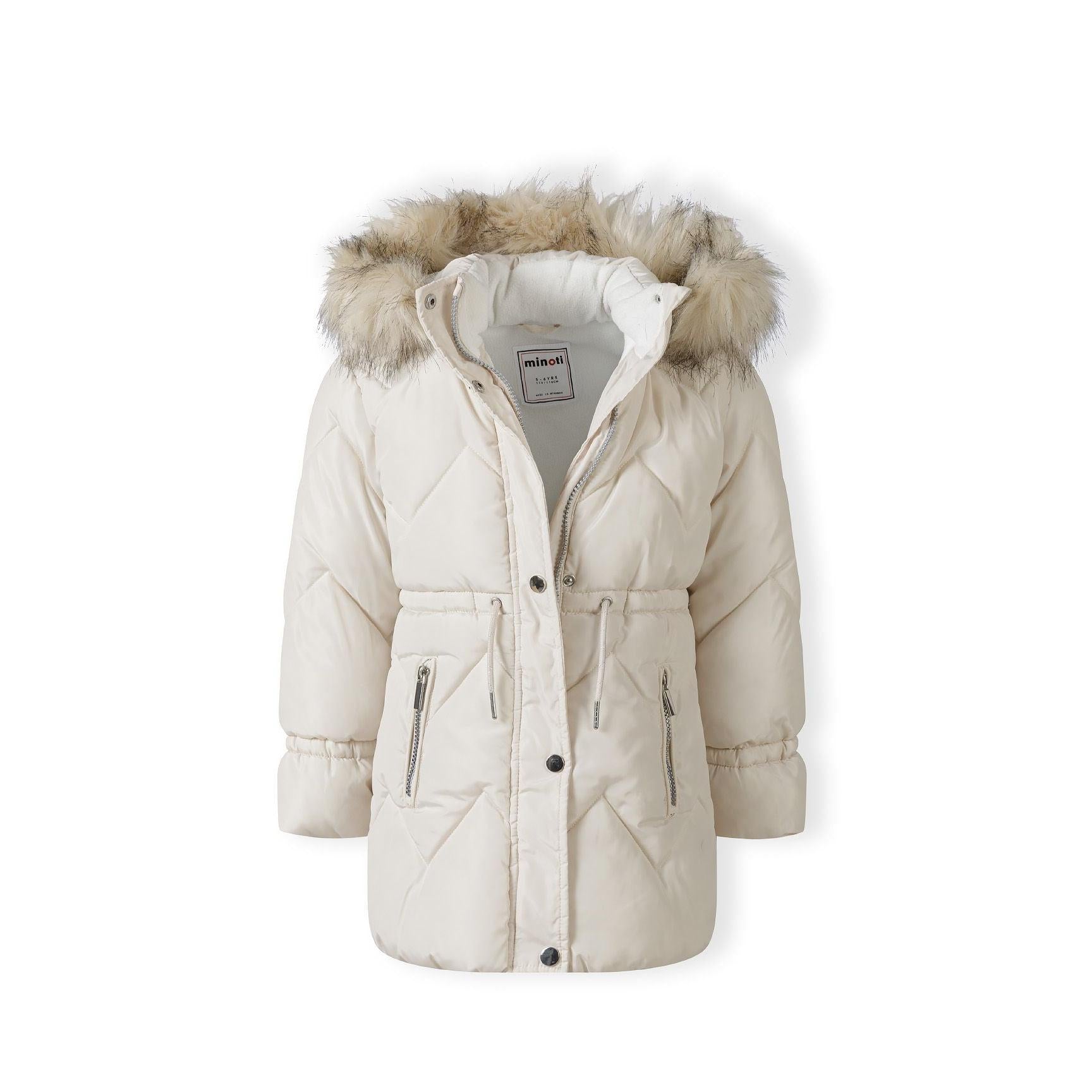 Cream quilted parka jacket laid flat showing full-length zip, snap button storm flap, zippered pockets and detachable faux fur hood trim on white background