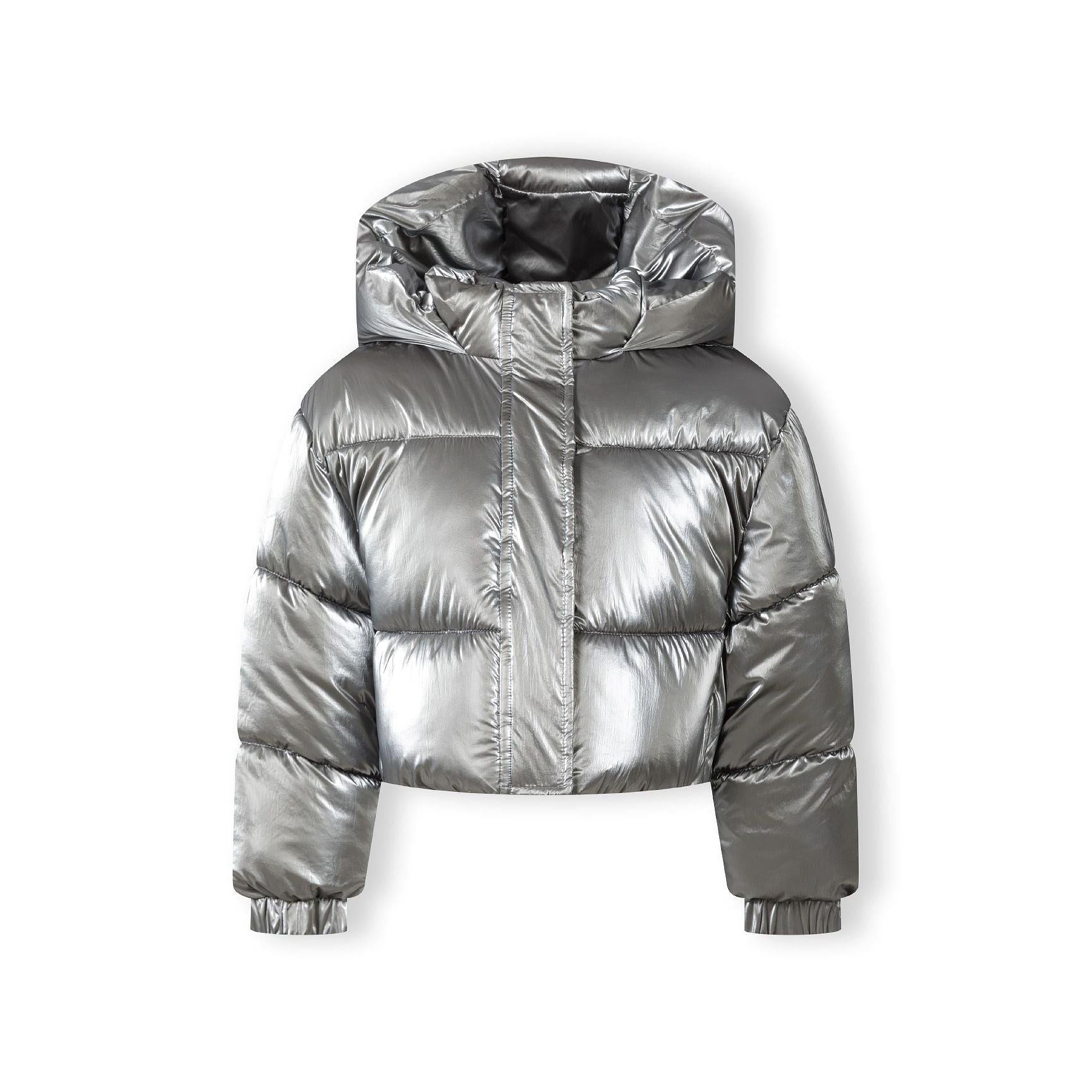 Back view of grey metallic cropped padded jacket showing quilted design, attached hood and overall silhouette on white background