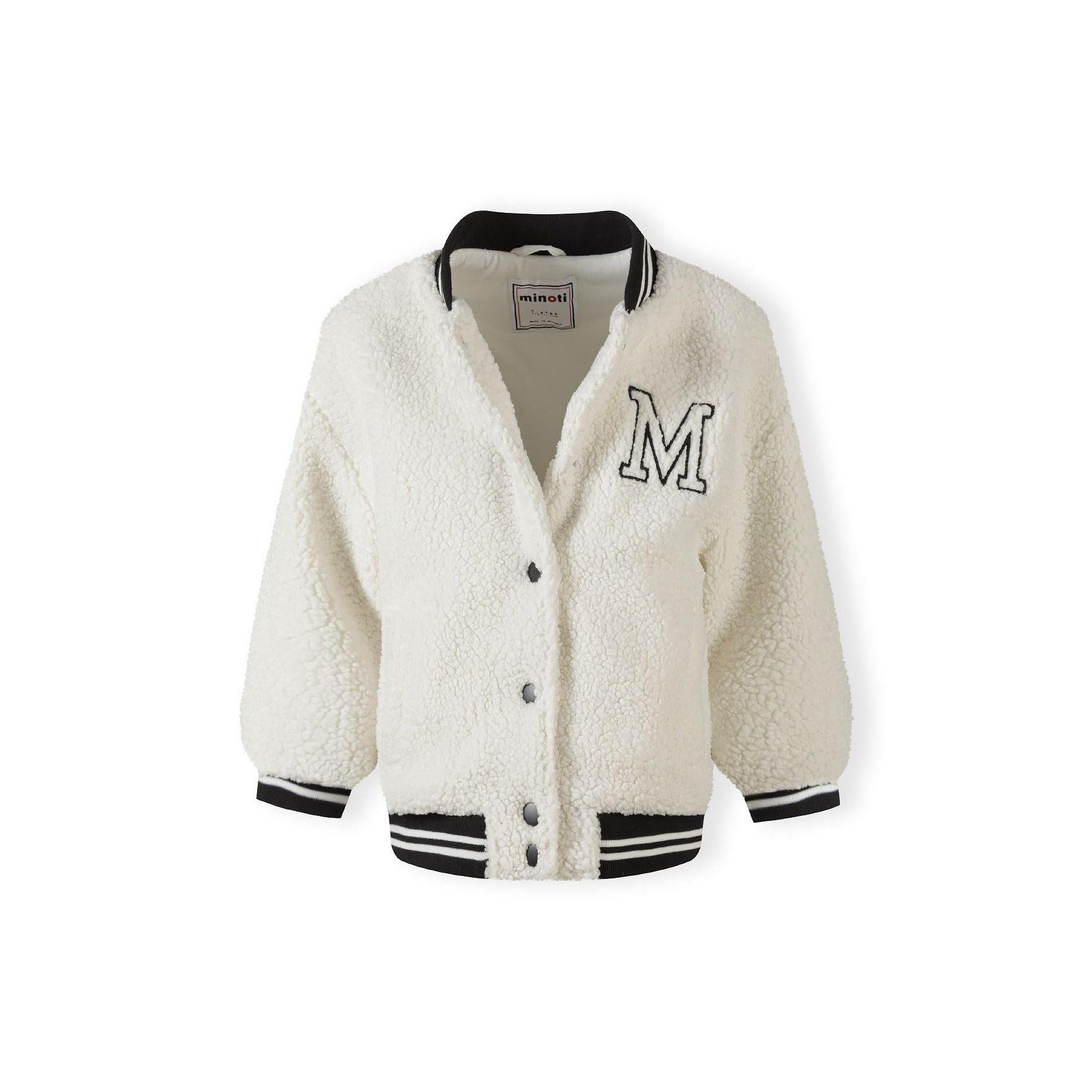 Cream borg baseball jacket laid flat showing front view with embroidered M detail, black ribbed collar and cuffs, button closure