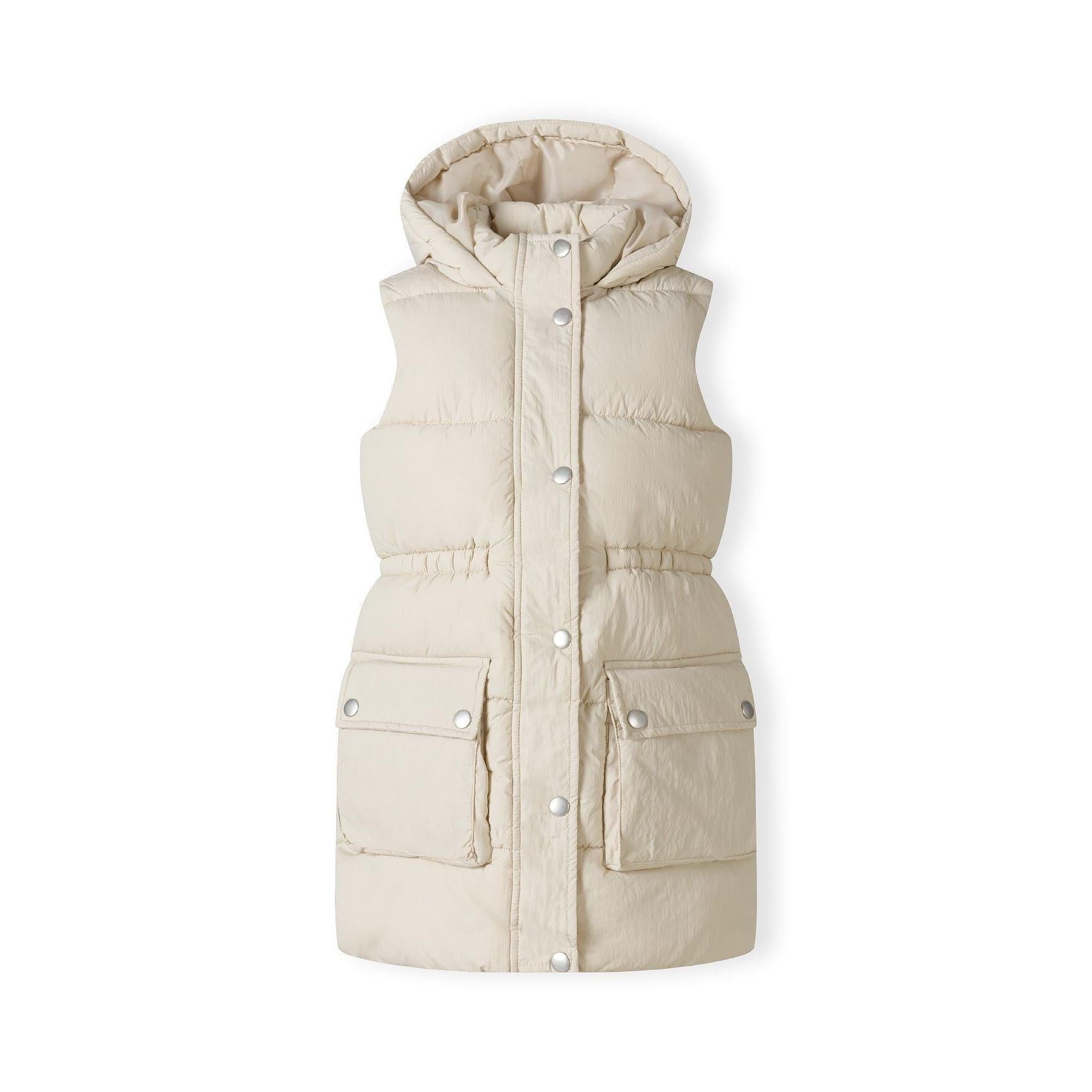 Back view of cream padded gilet showing quilted construction, hood design and overall silhouette on white background