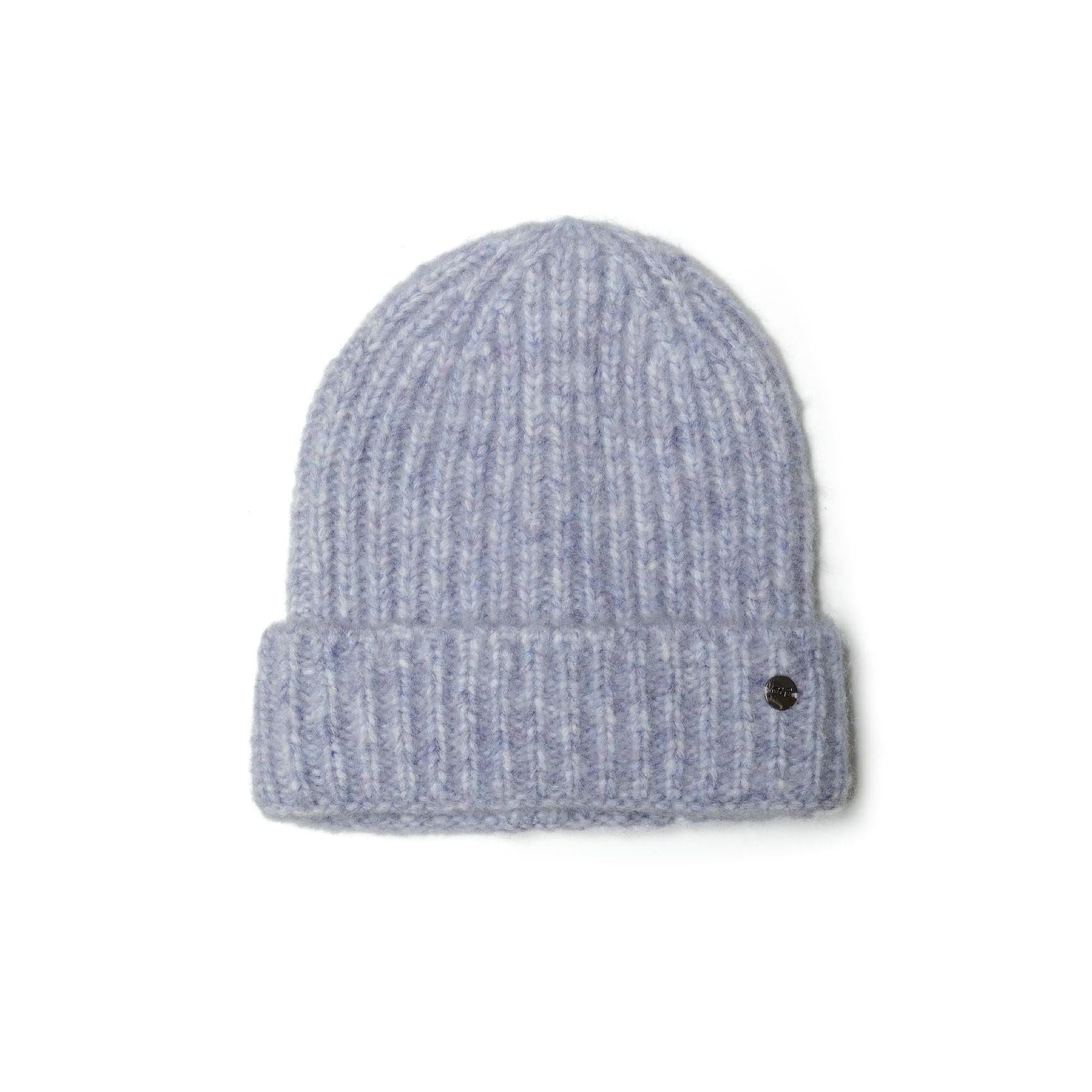 Lilac knitted beanie with ribbed texture and metal badge detail shown against white background