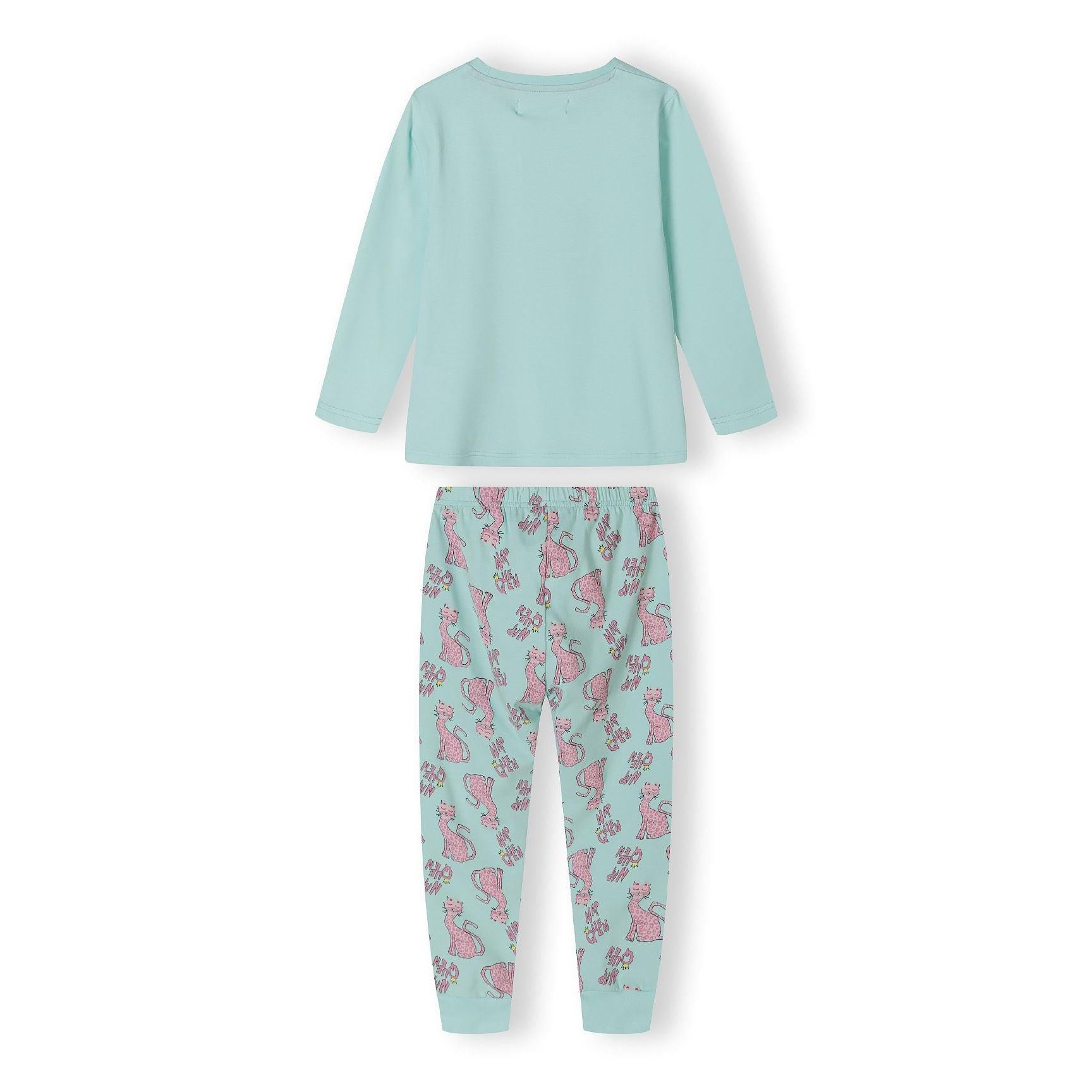 Turquoise pyjama bottoms with all-over pink cat pattern and matching turquoise ribbed cuffs laid flat on white background