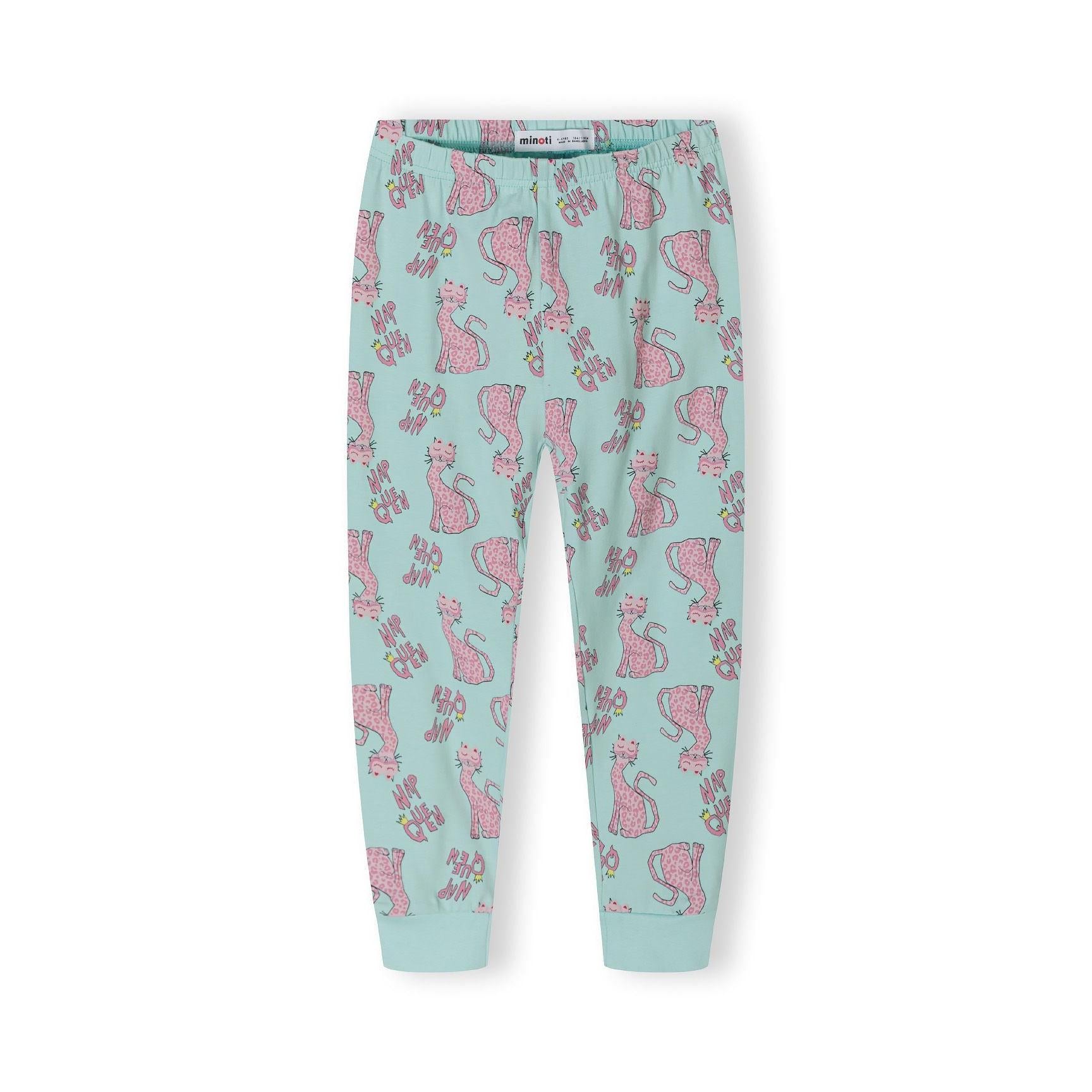 Turquoise pyjama bottoms with all-over pink cat pattern and matching turquoise ribbed cuffs laid flat on white background