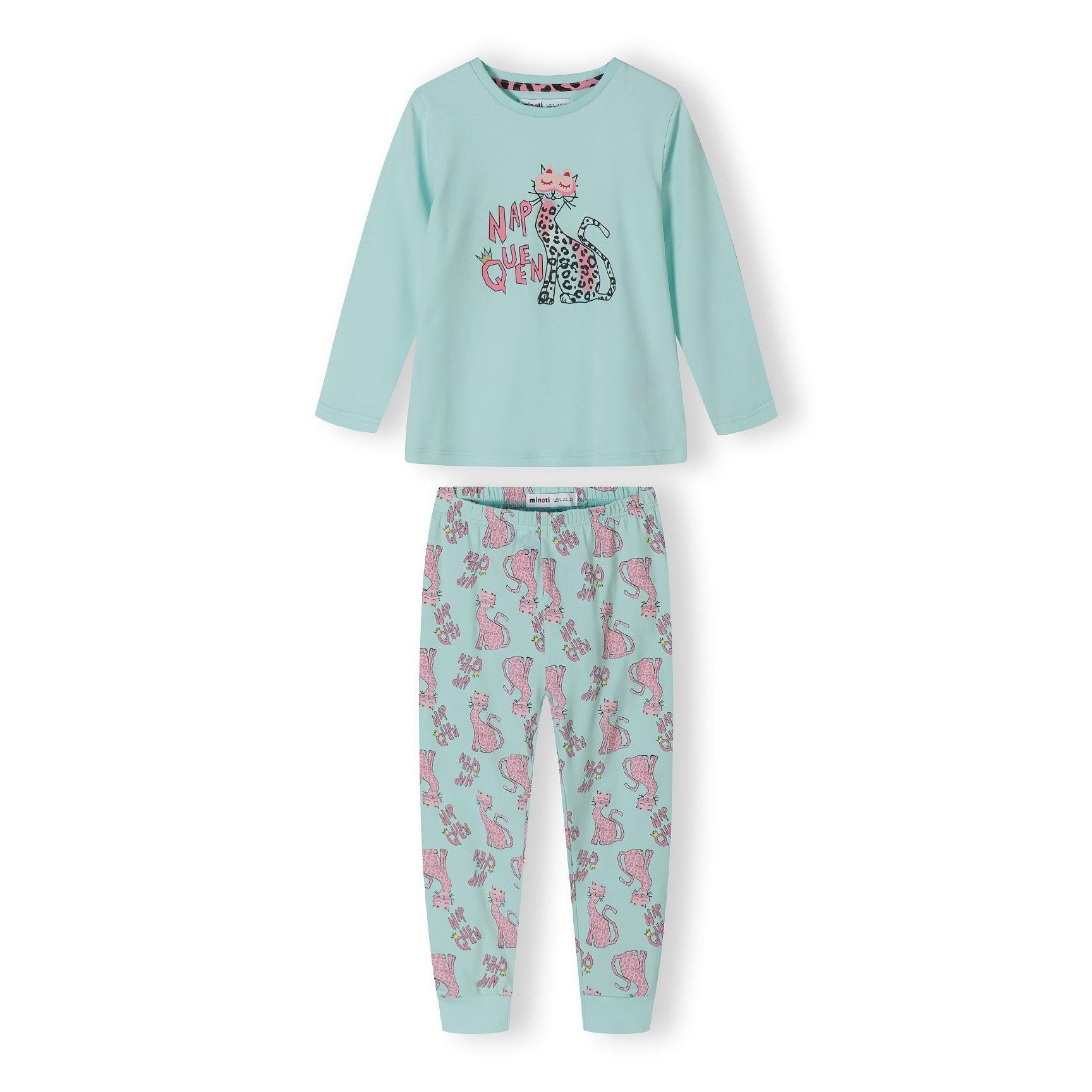 Turquoise pyjama bottoms with all-over pink cat pattern and matching turquoise ribbed cuffs laid flat on white background