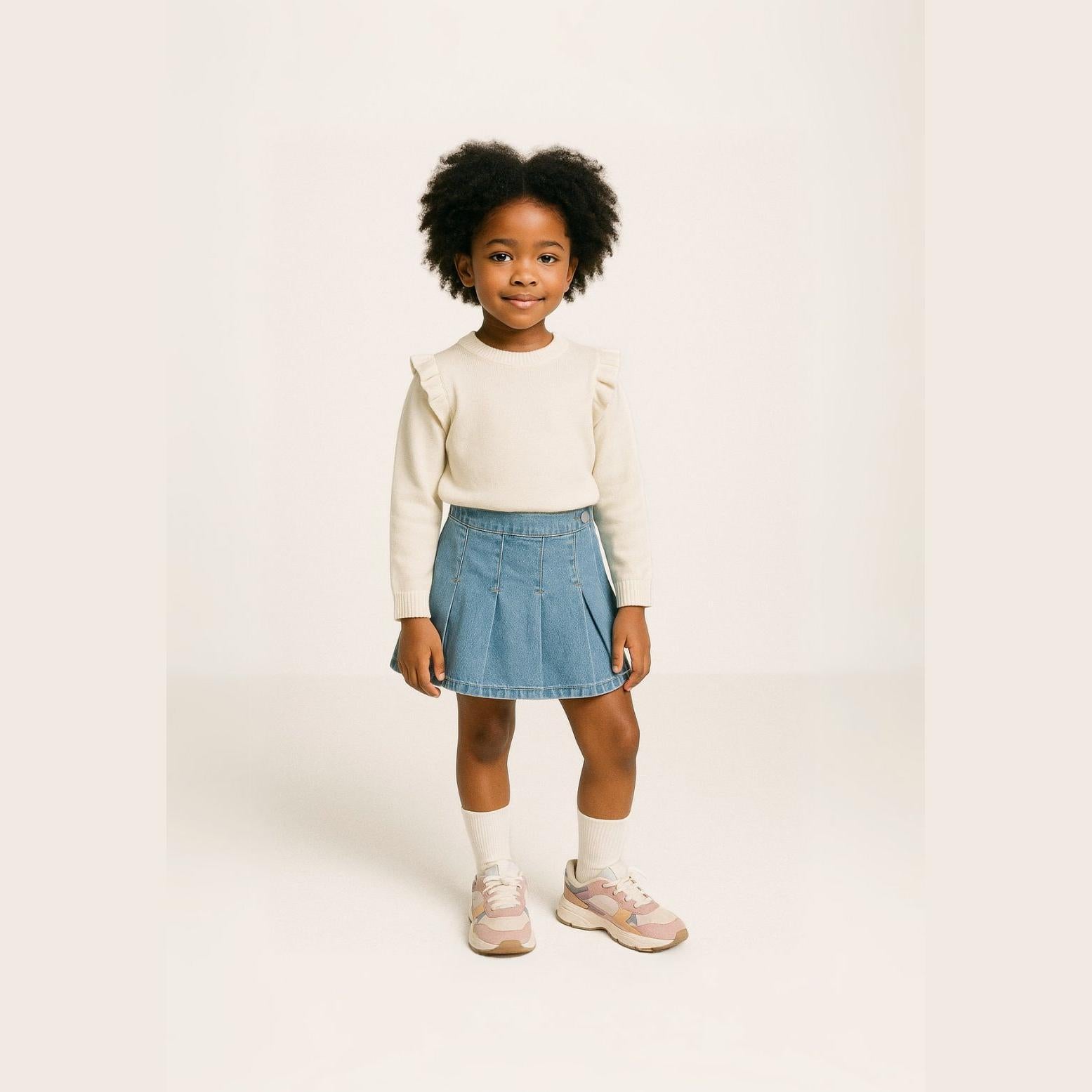 Young girl wearing navy pleated denim skirt with cream sweater, standing against light background