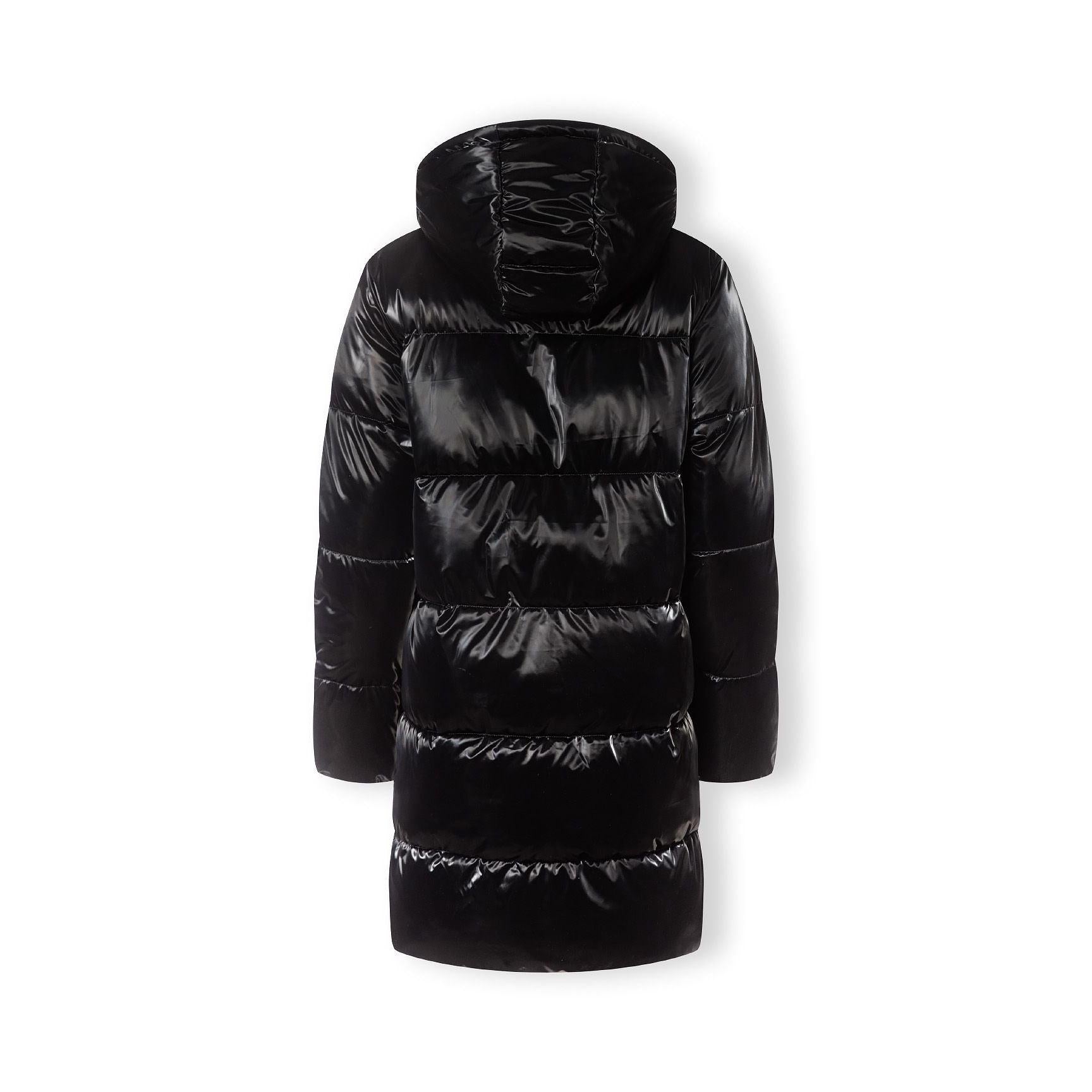 Front view of black midi-length puffer jacket showing full zip closure and hood details