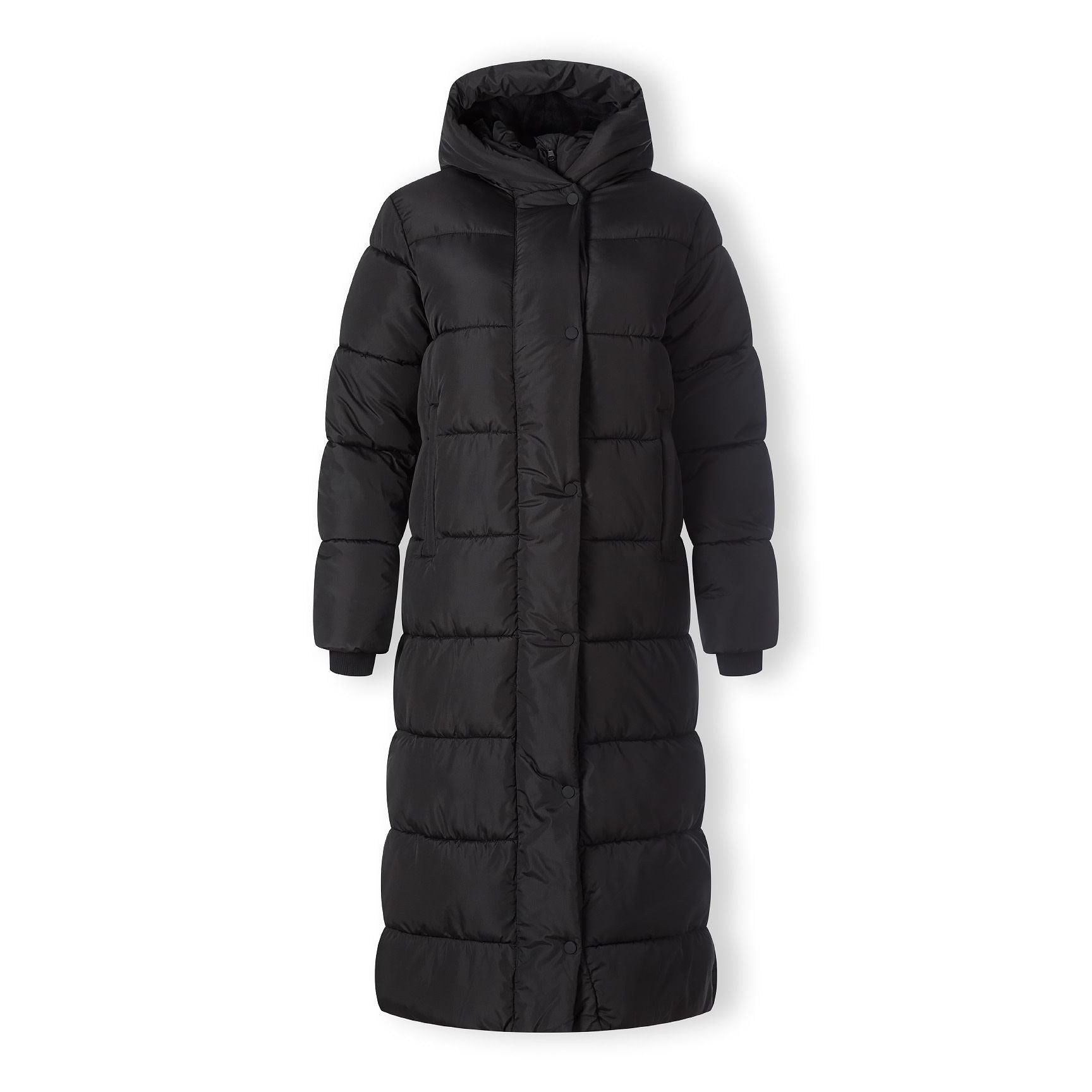 Back view of black quilted parka coat showing full-length design, horizontal quilting pattern and hood detail on white background