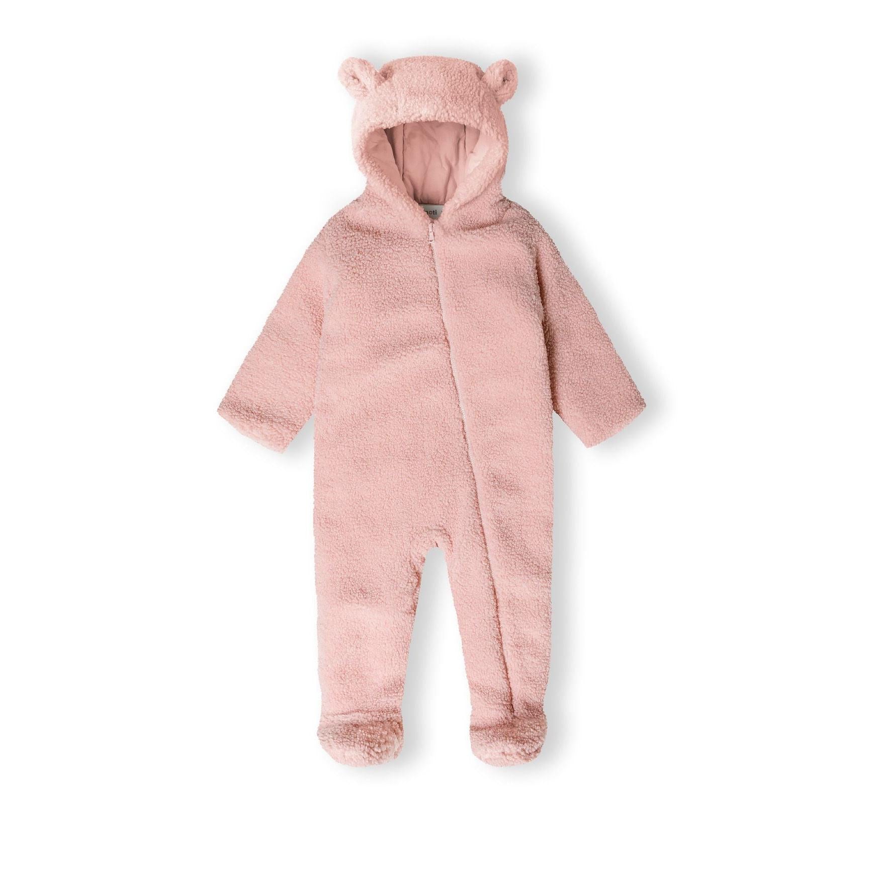Light pink sherpa snowsuit with hooded teddy bear ears displayed flat against white background, showing front zip closure and enclosed feet