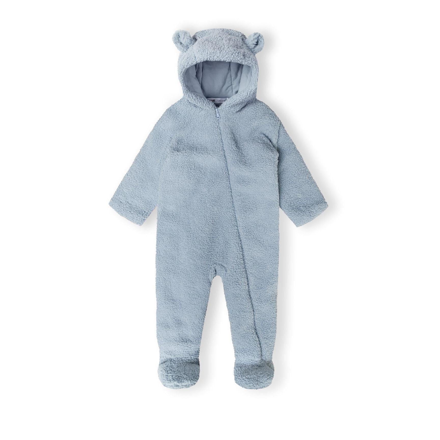 Light blue sherpa snowsuit with 3D ear hood displayed flat against white background, showing full front view with zip closure and integrated feet