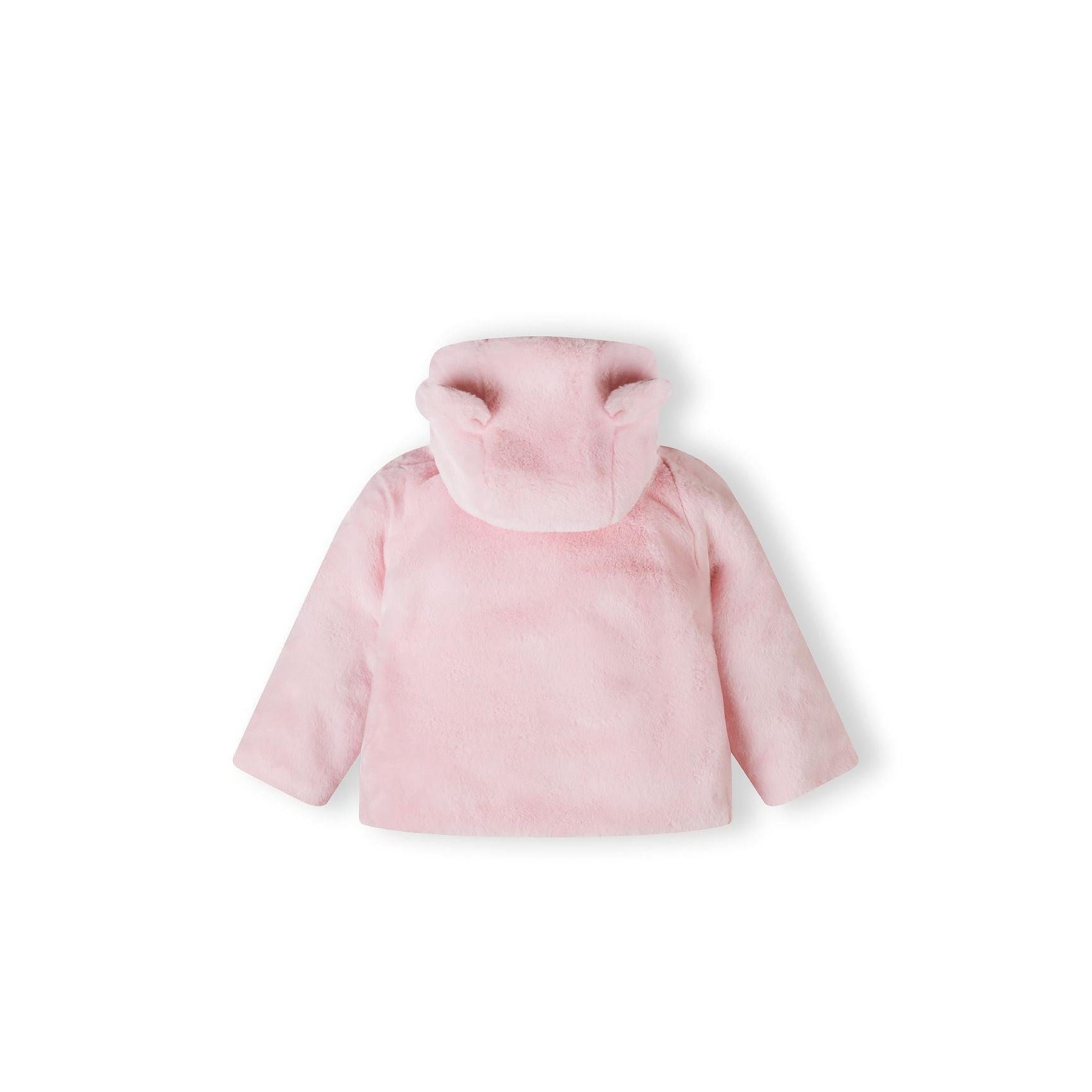Back view of light pink plush baby jacket showing hood with 3D ears and soft furry texture on white background