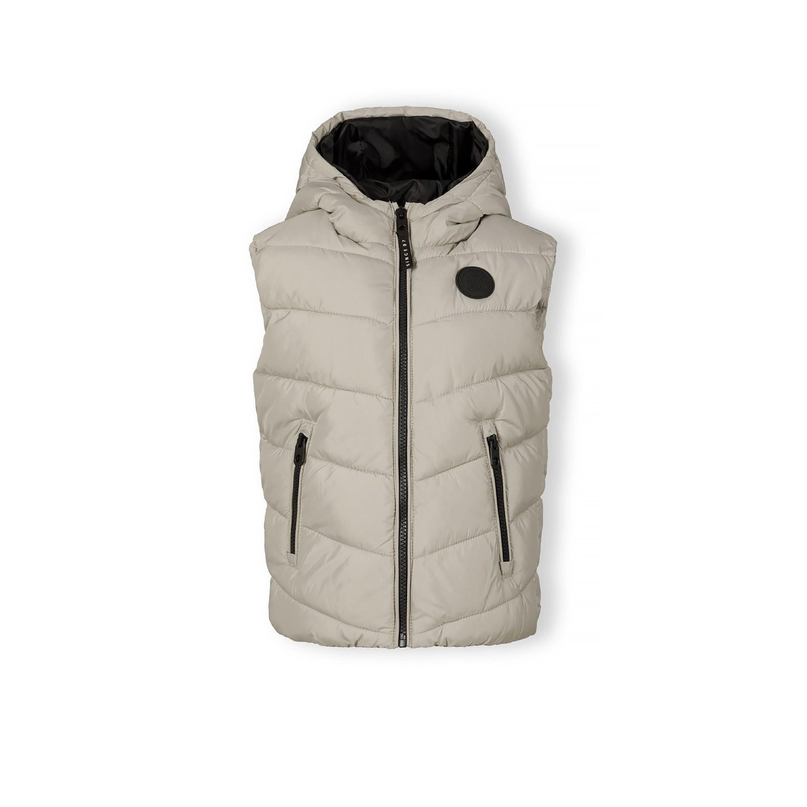 Flat lay of grey padded gilet with hood showing full front view with zip closure and two front pockets on white background