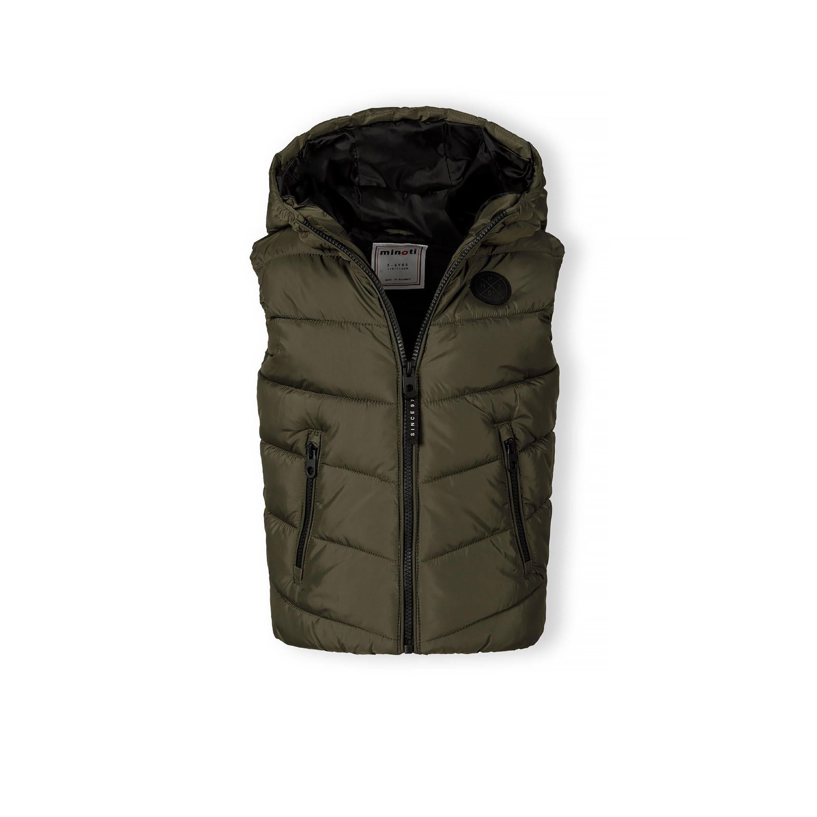 Khaki padded gilet with black hood lining laid flat showing front view with zipper and side pockets