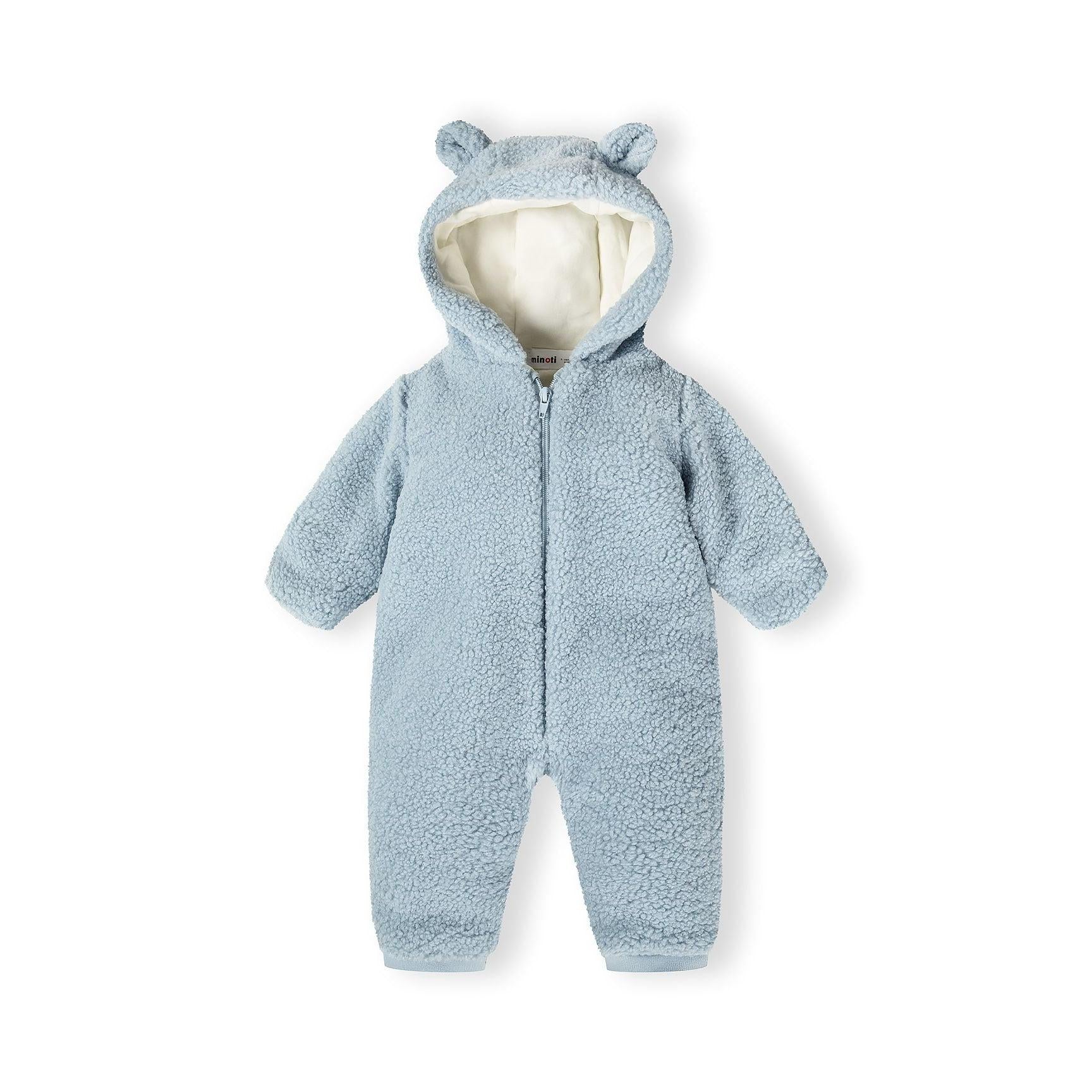 Light blue sherpa snowsuit with 3D bear ears on hood, displayed flat on white background with hood up showing cream interior lining