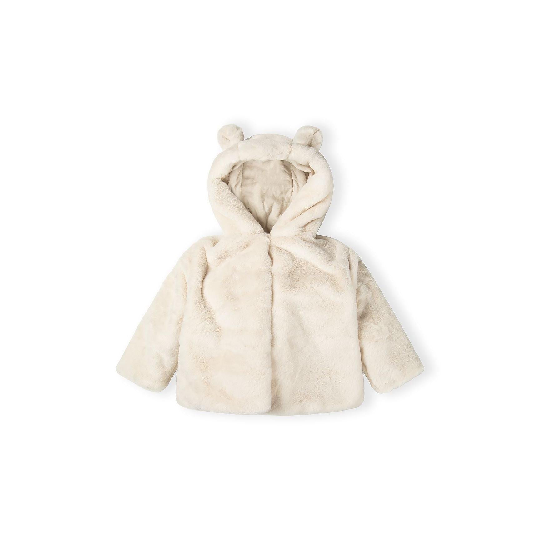 Front view of cream faux fur baby jacket with hood featuring 3D bear ears, displayed flat against white background