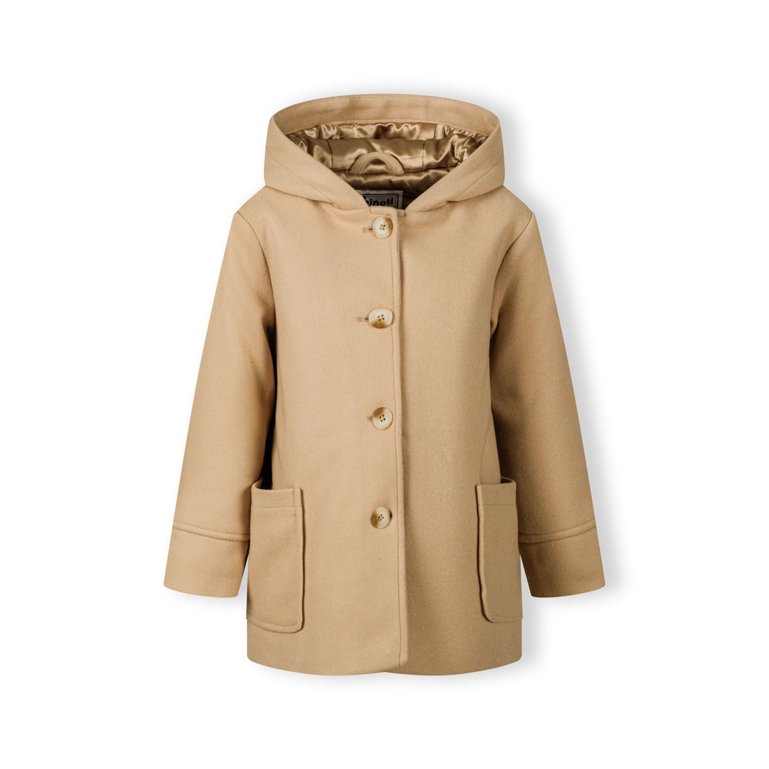 Back view of beige winter coat showing hood, straight cut design and center back seam detail on white background