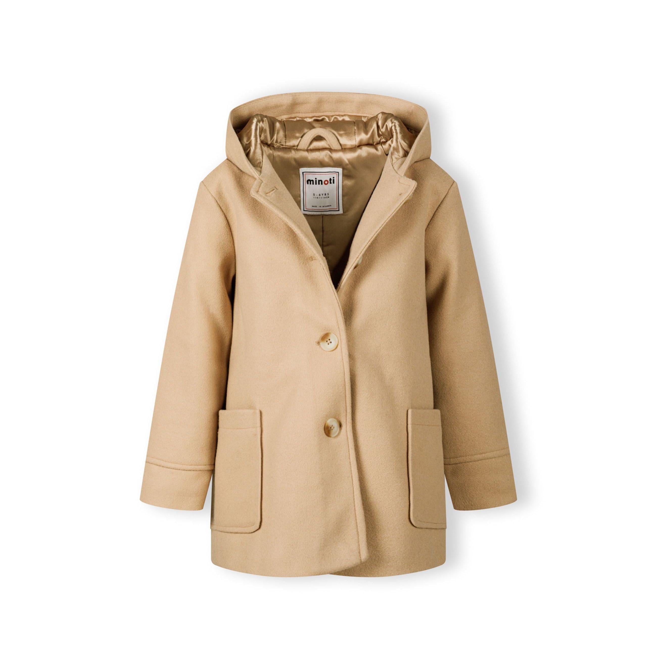 Close-up detail of beige winter coat front pocket showing stitching and fabric texture