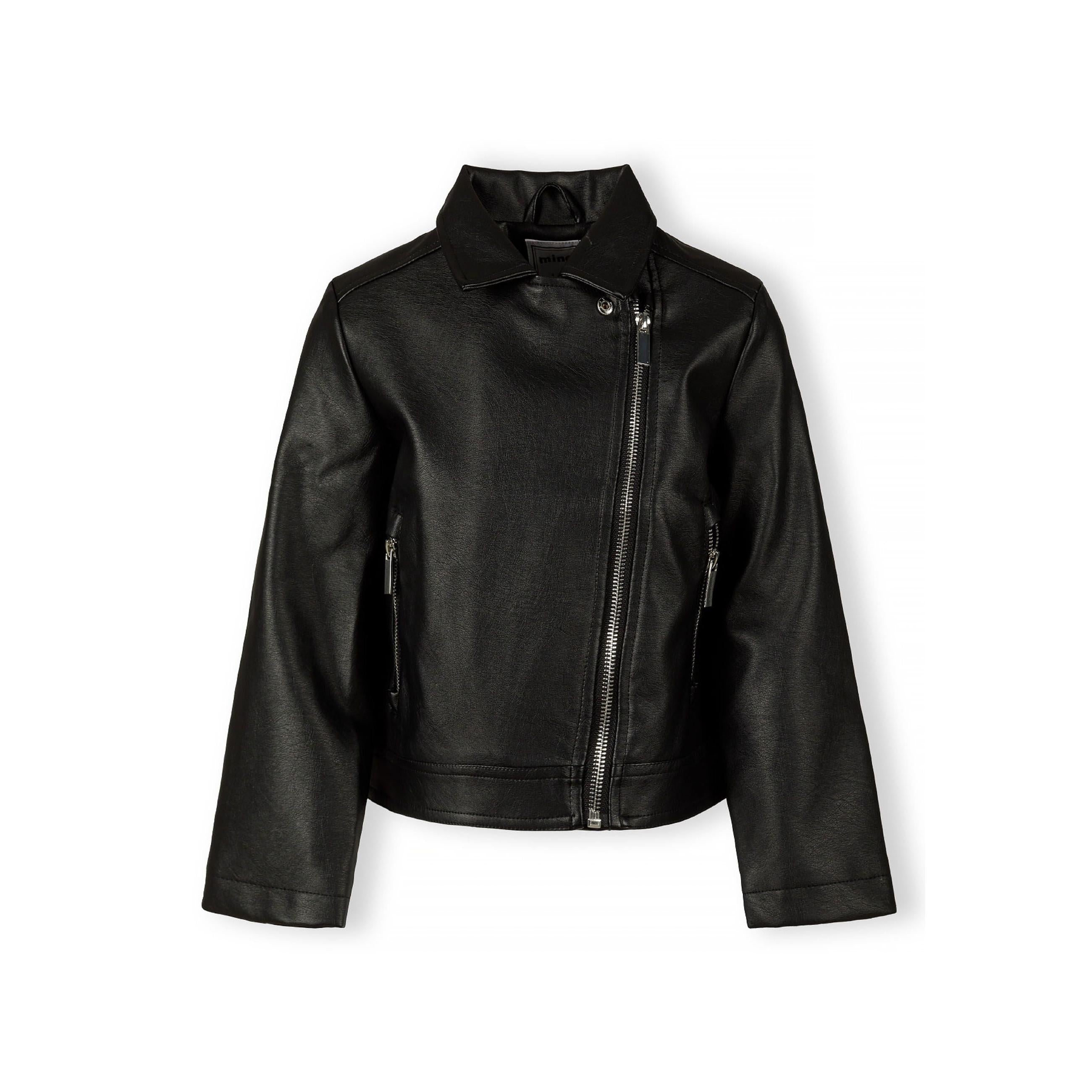 Back view of black faux leather biker jacket showing structured silhouette and seam details on white background