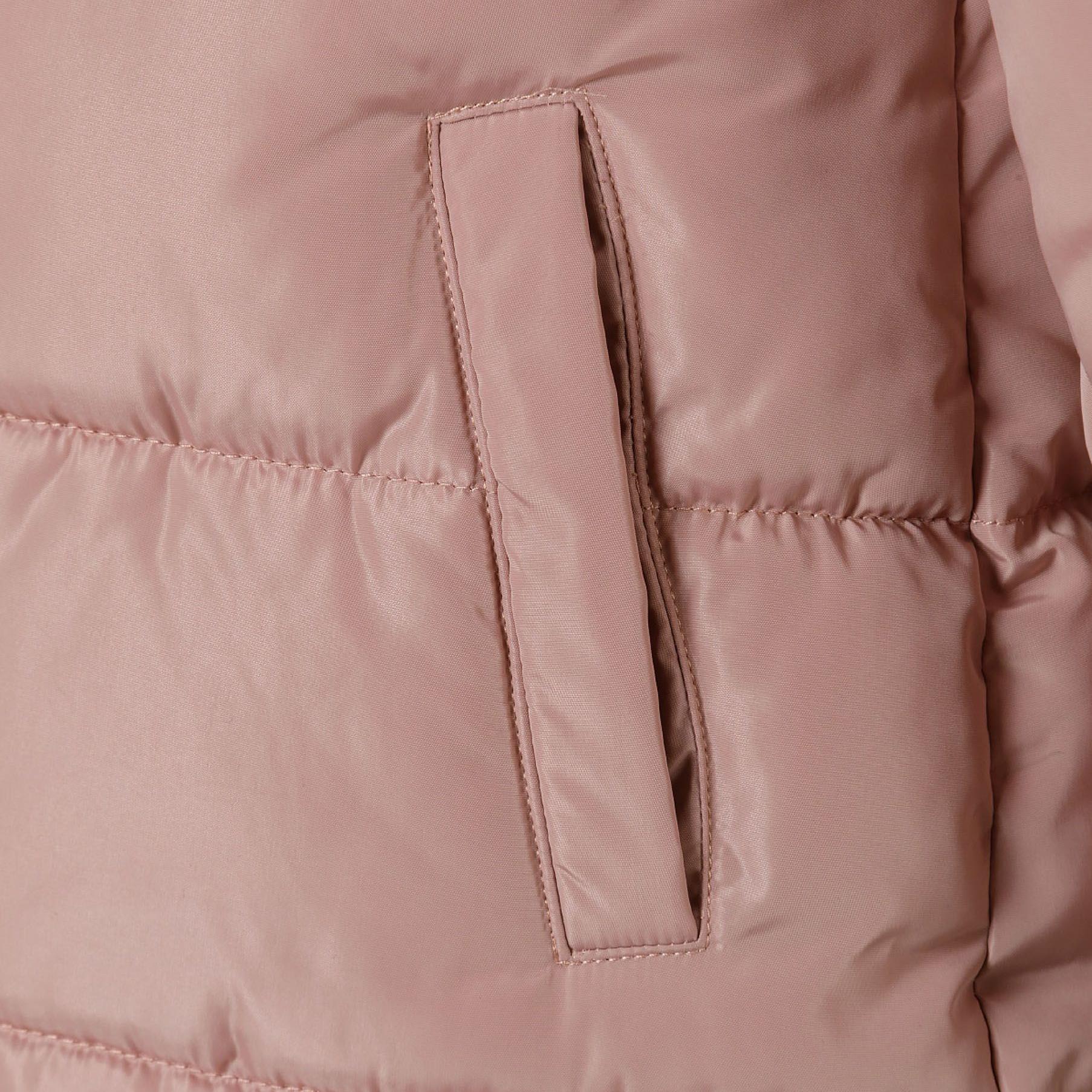 Flat lay of dusty pink quilted winter coat showing sherpa fleece lining inside hood and button closure details