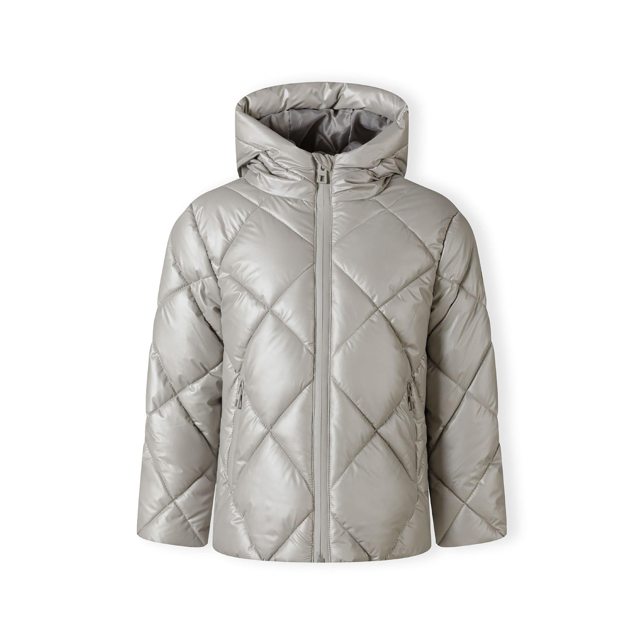 Back view of silver quilted jacket showing diamond quilting pattern and hood detailing on white background