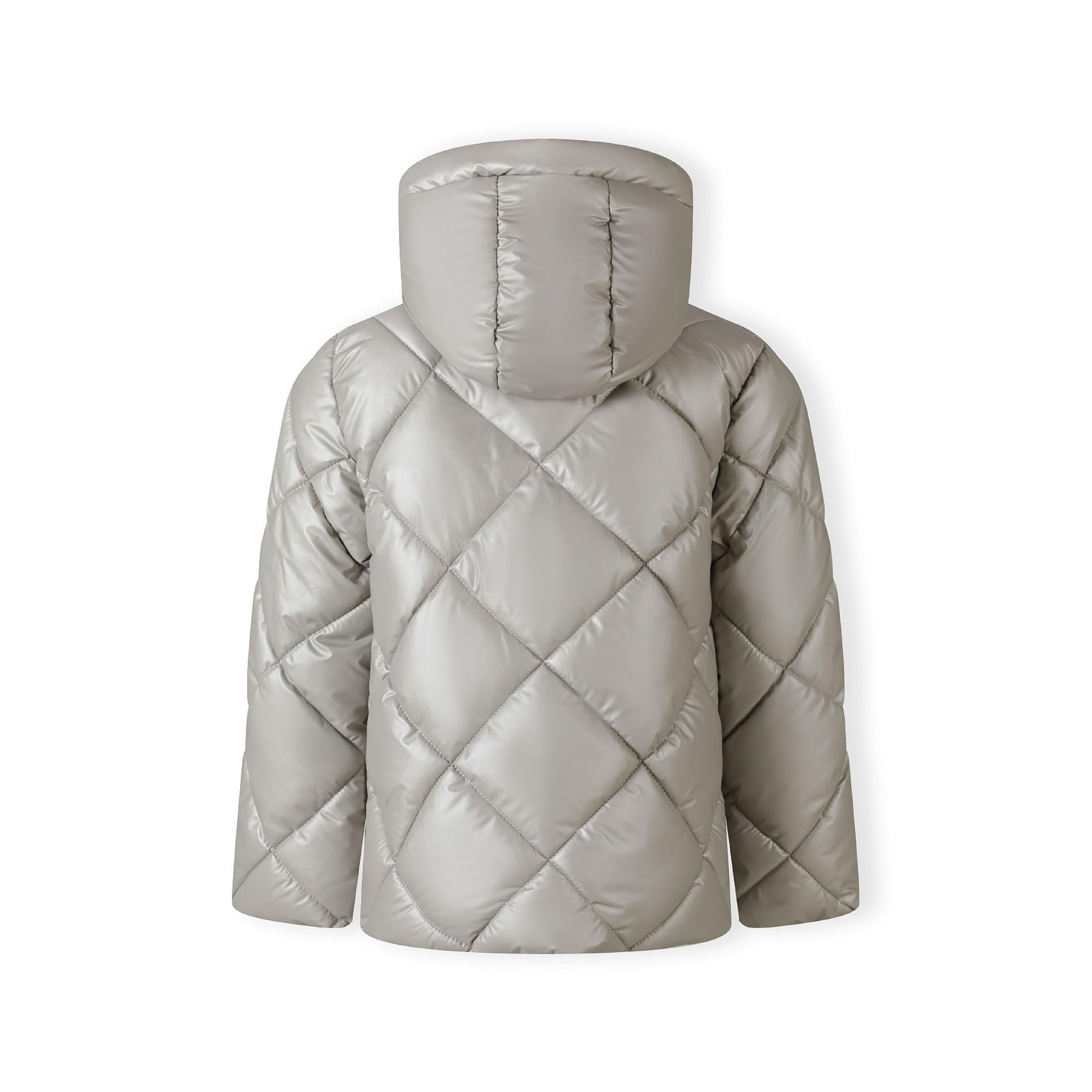 Back view of silver quilted jacket showing diamond quilting pattern and hood detailing on white background