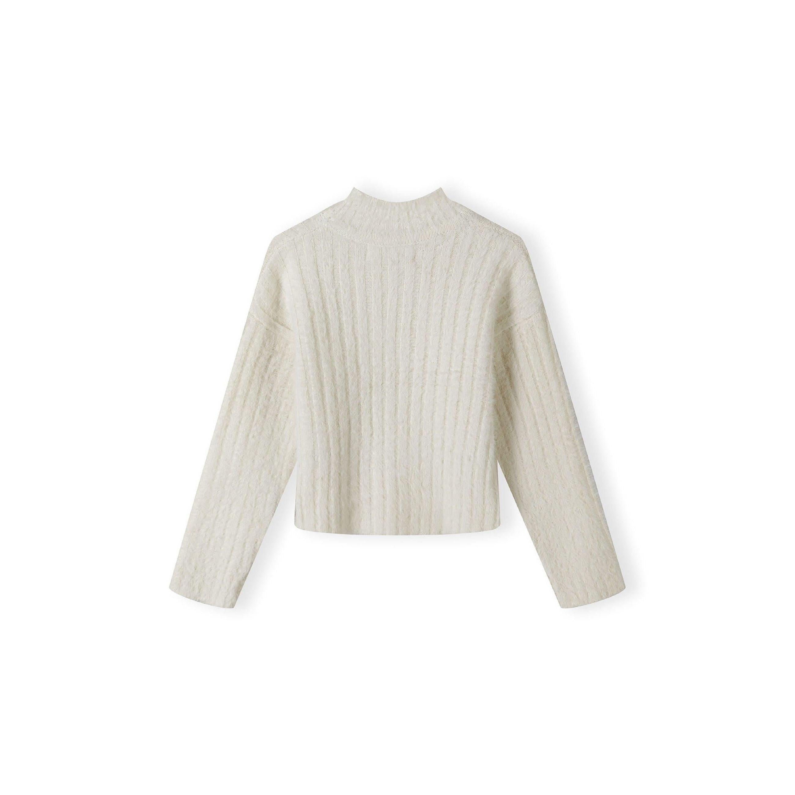 Flat lay of cream ribbed turtleneck jumper showing front view with high neck and long sleeves on white background