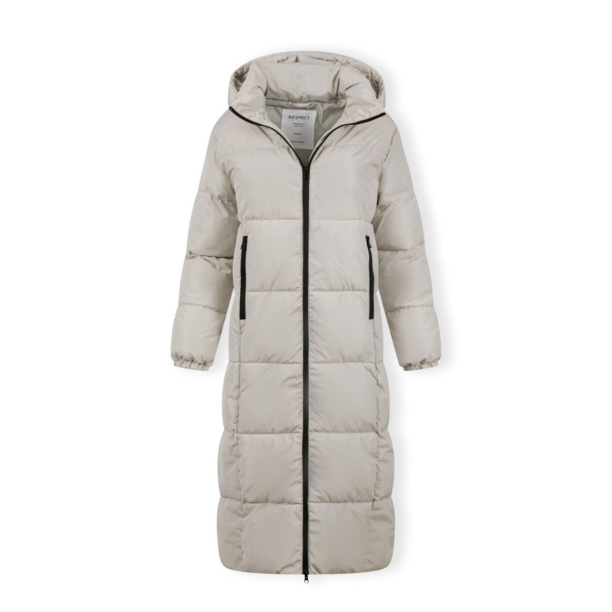 Full front view of cream quilted puffer jacket showing long length design, padded sections and hood detail on white background