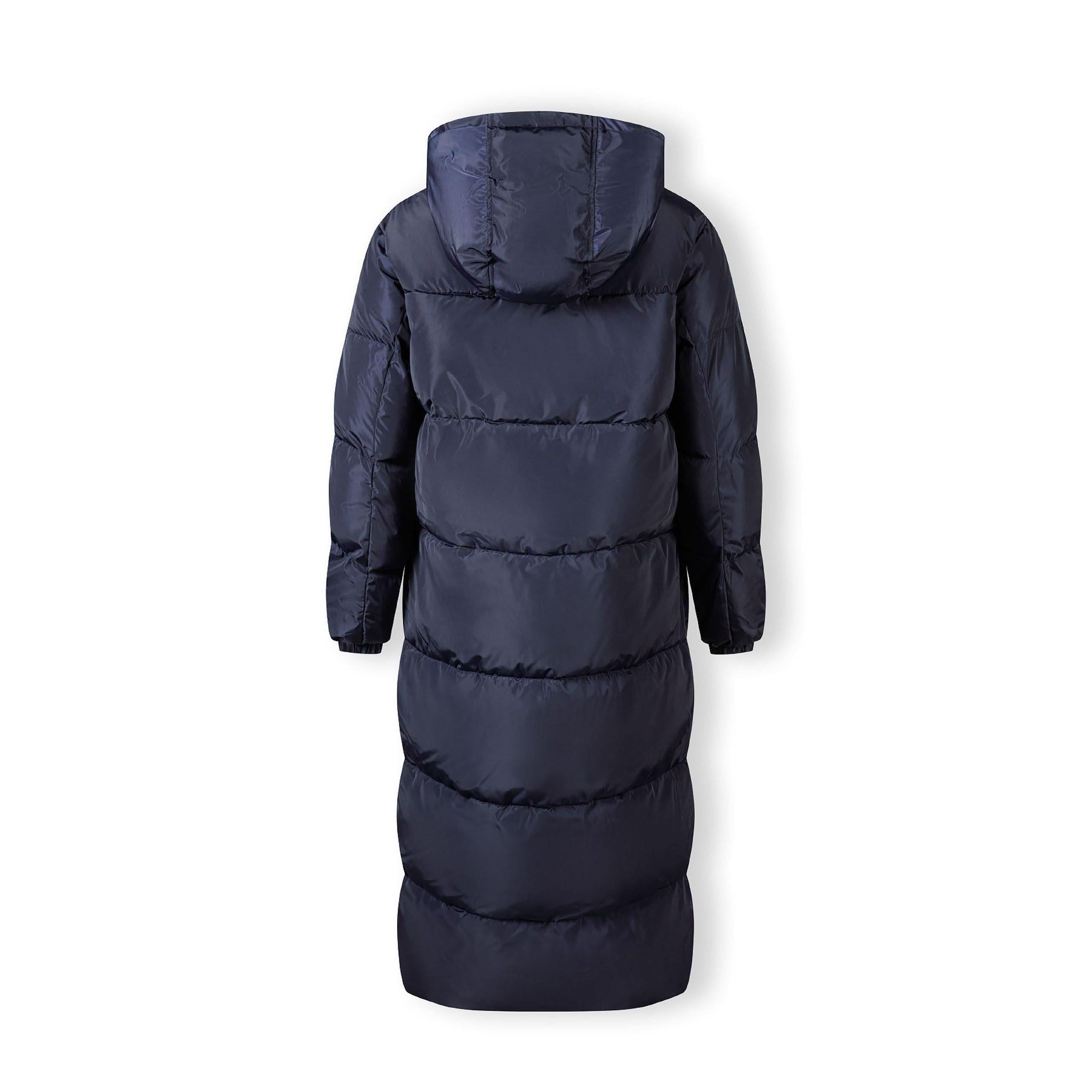 Back view of navy long quilted jacket showing hood detail and full-length quilted pattern on white background