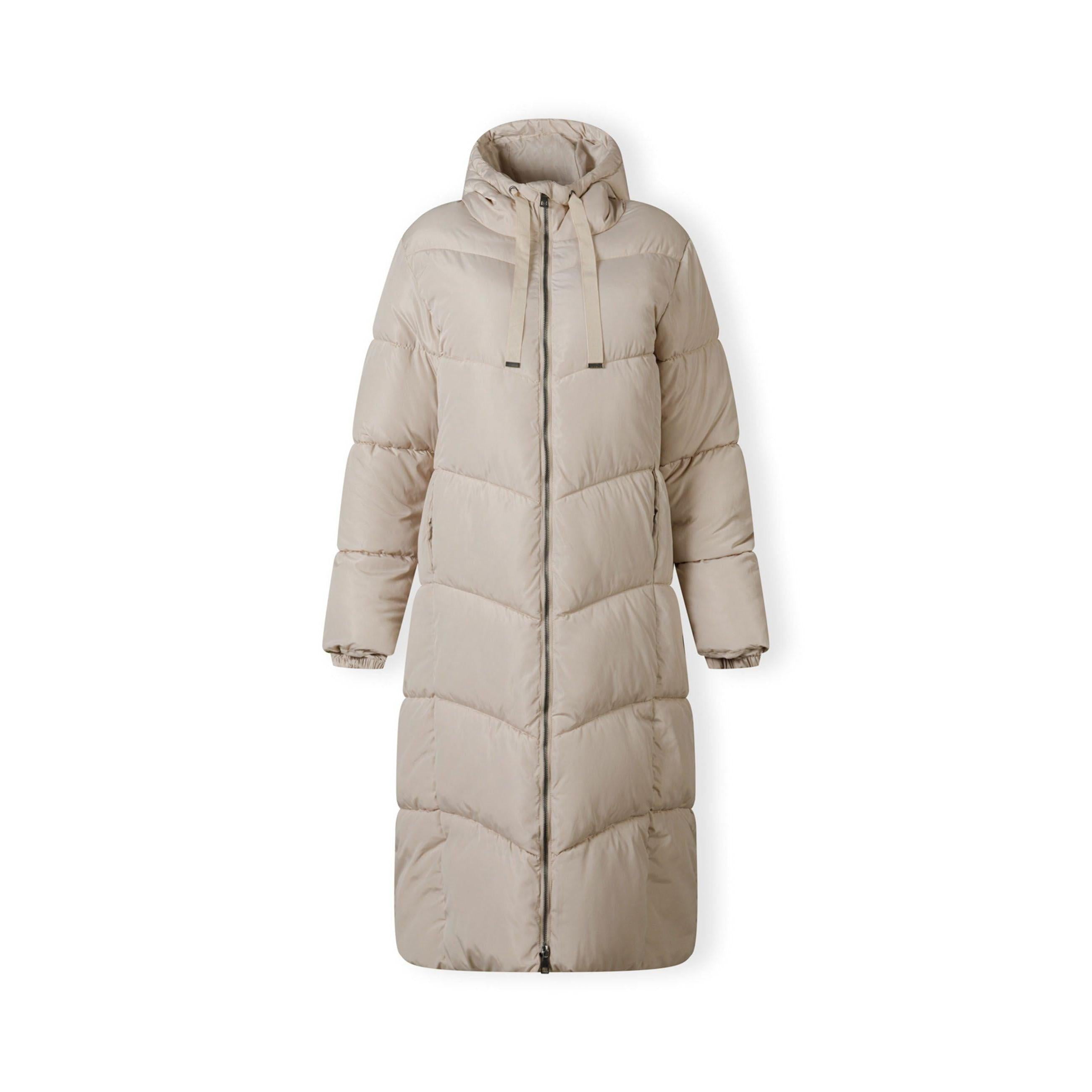 Back view of beige quilted puffer coat showing chevron pattern stitching and hood detail