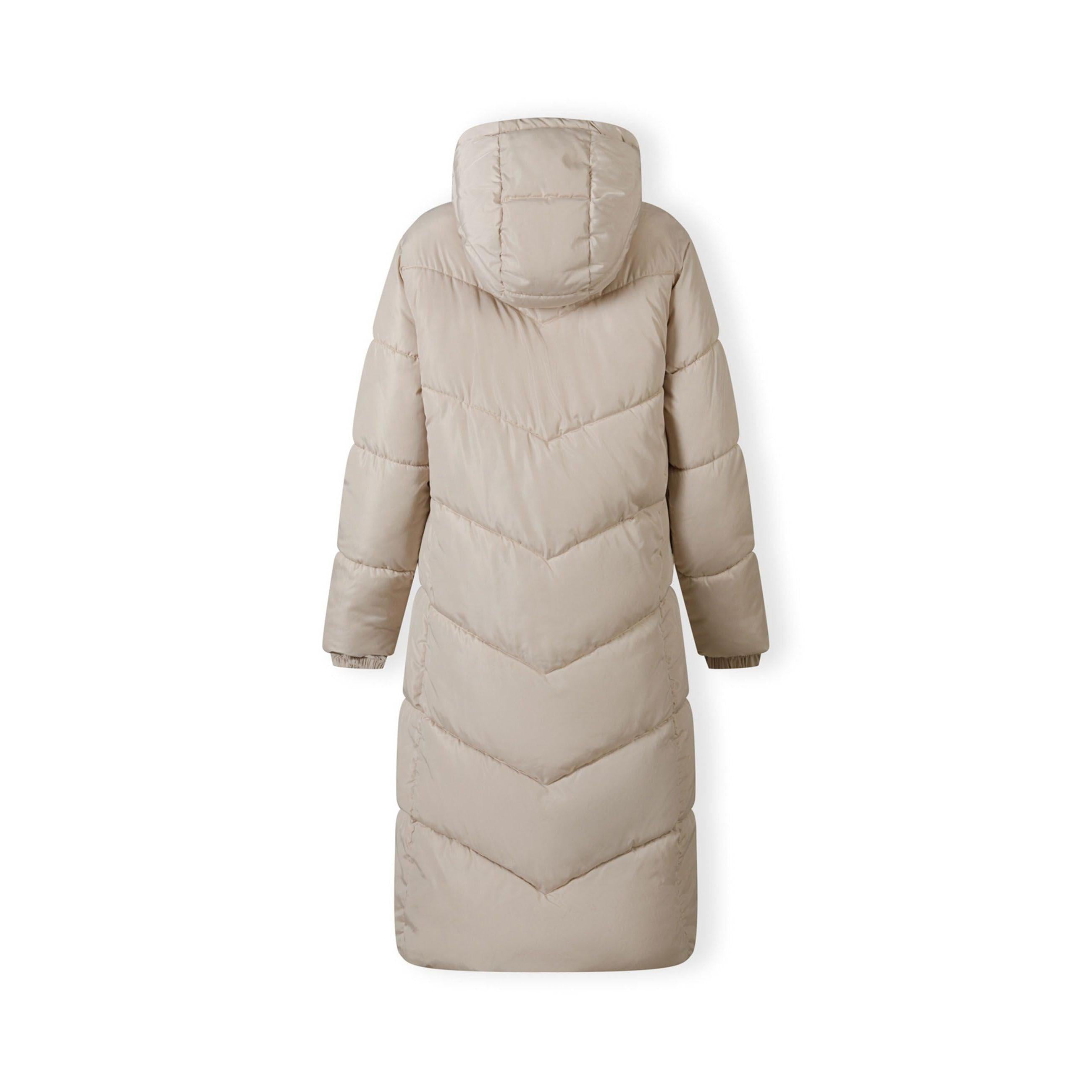 Back view of beige quilted puffer coat showing chevron pattern stitching and hood detail