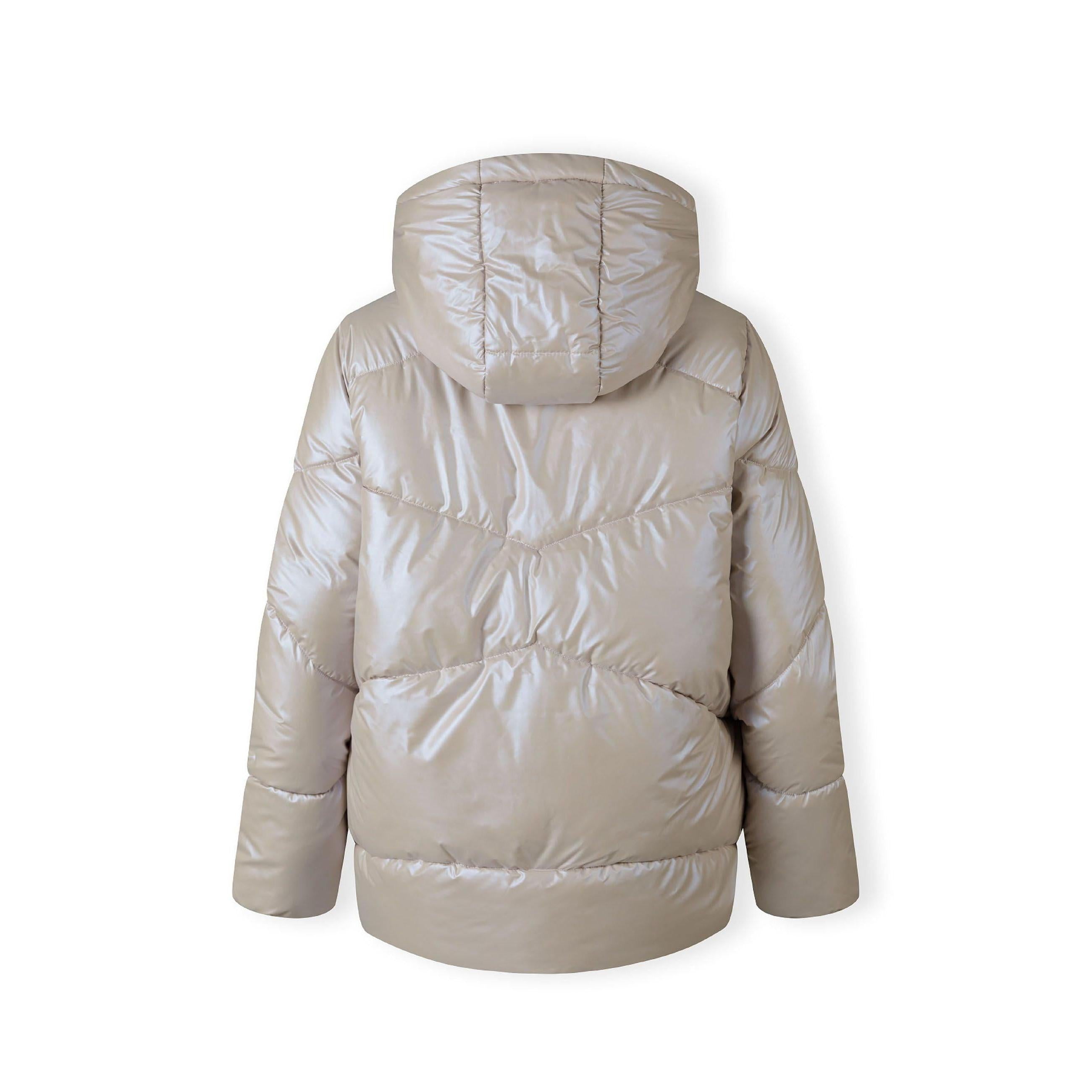 Back view of beige quilted puffer jacket showing hood and quilted pattern detail on white background