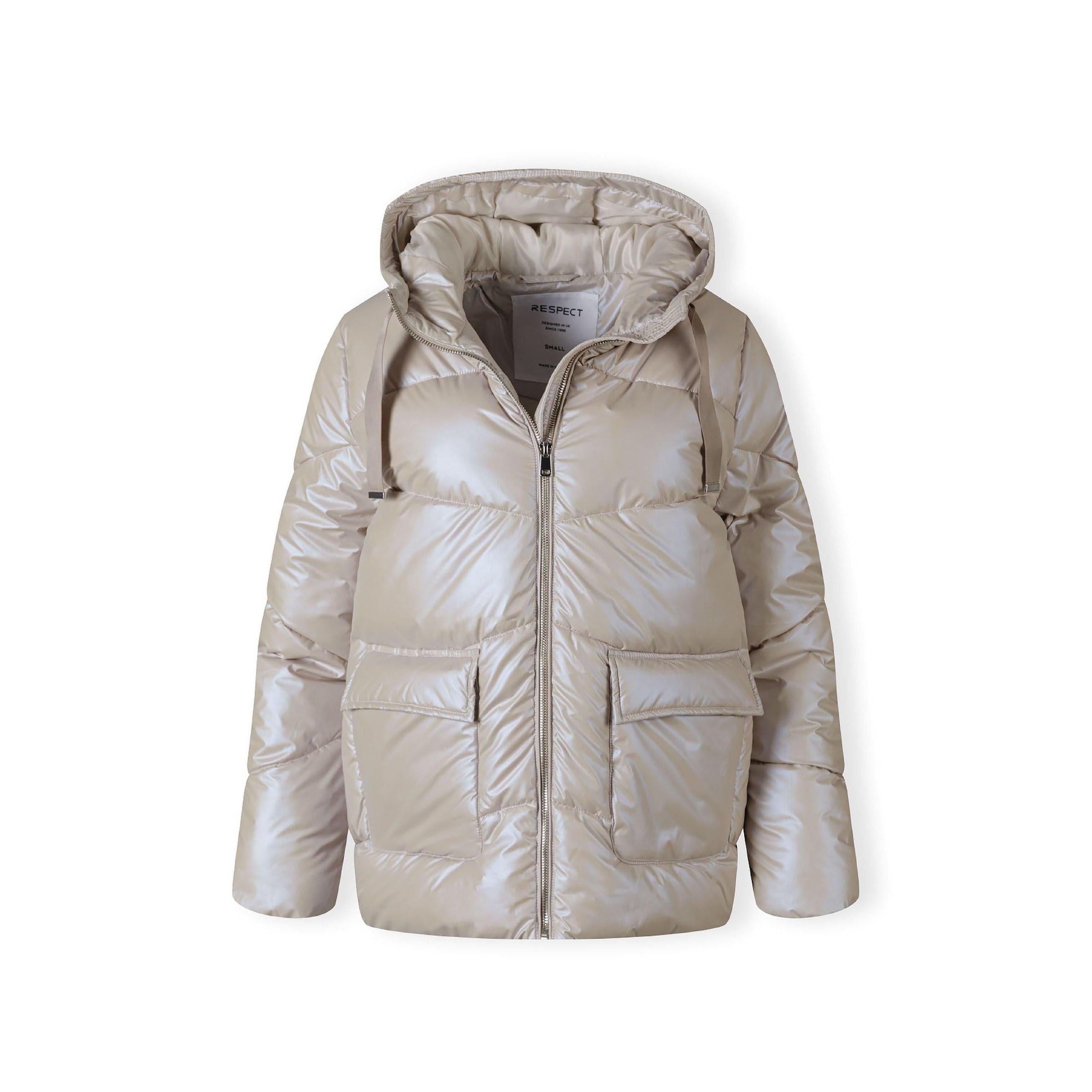 Close-up detail of beige puffer jacket showing front patch pocket with quilted stitching pattern